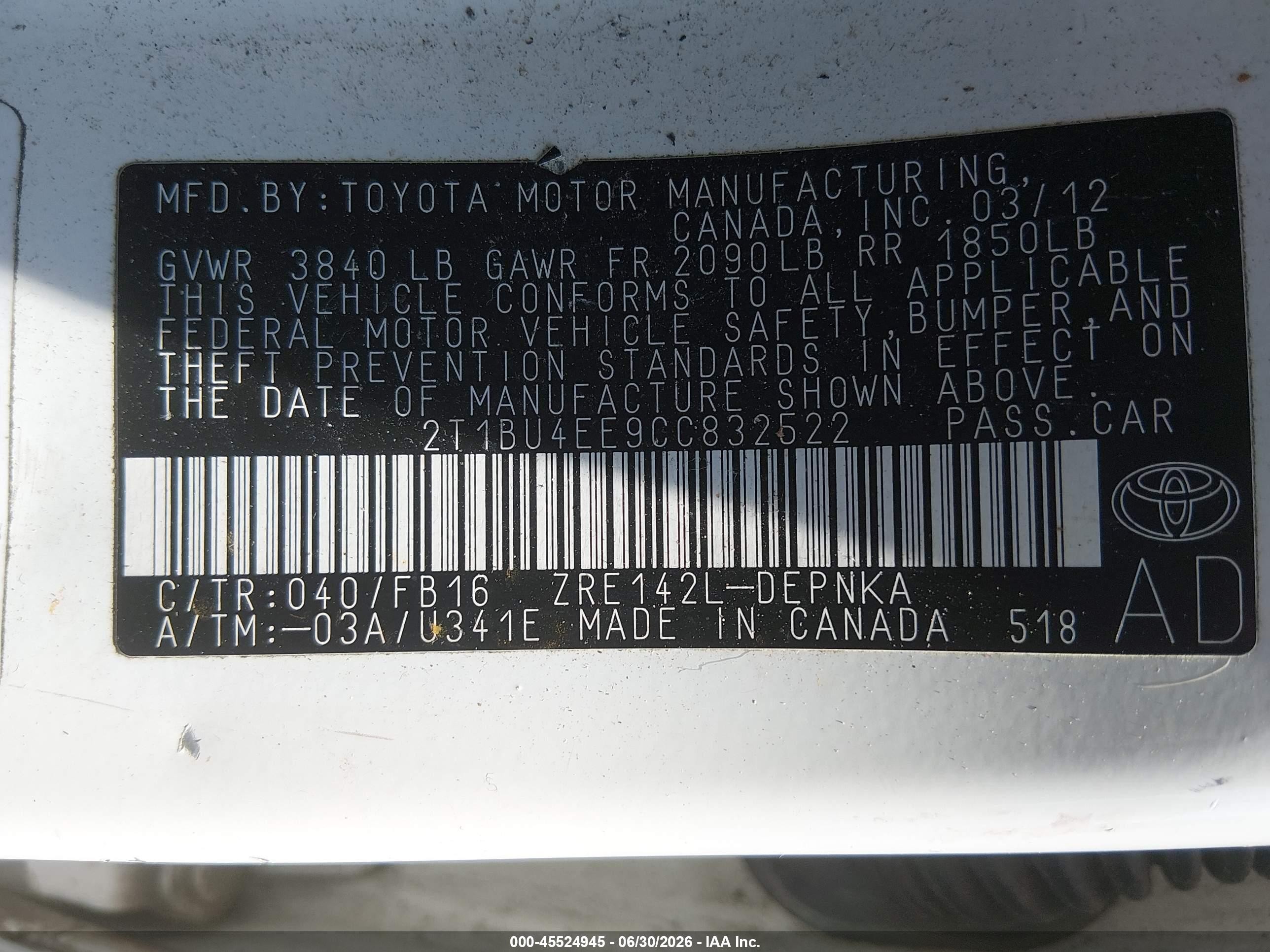 2012 Toyota Corolla Le White vin: 2T1BU4EE9CC832522