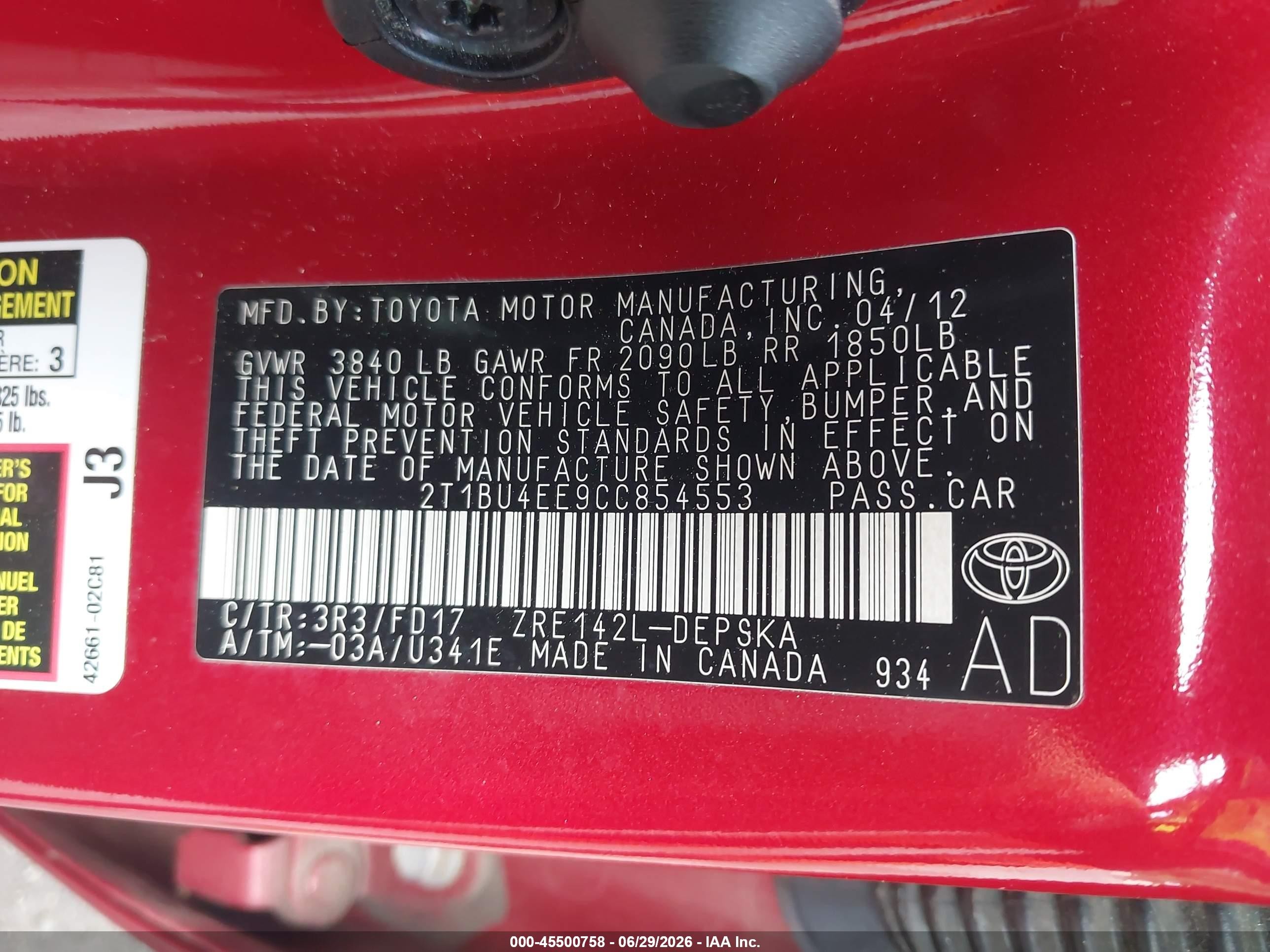 2012 Toyota Corolla S Red vin: 2T1BU4EE9CC854553