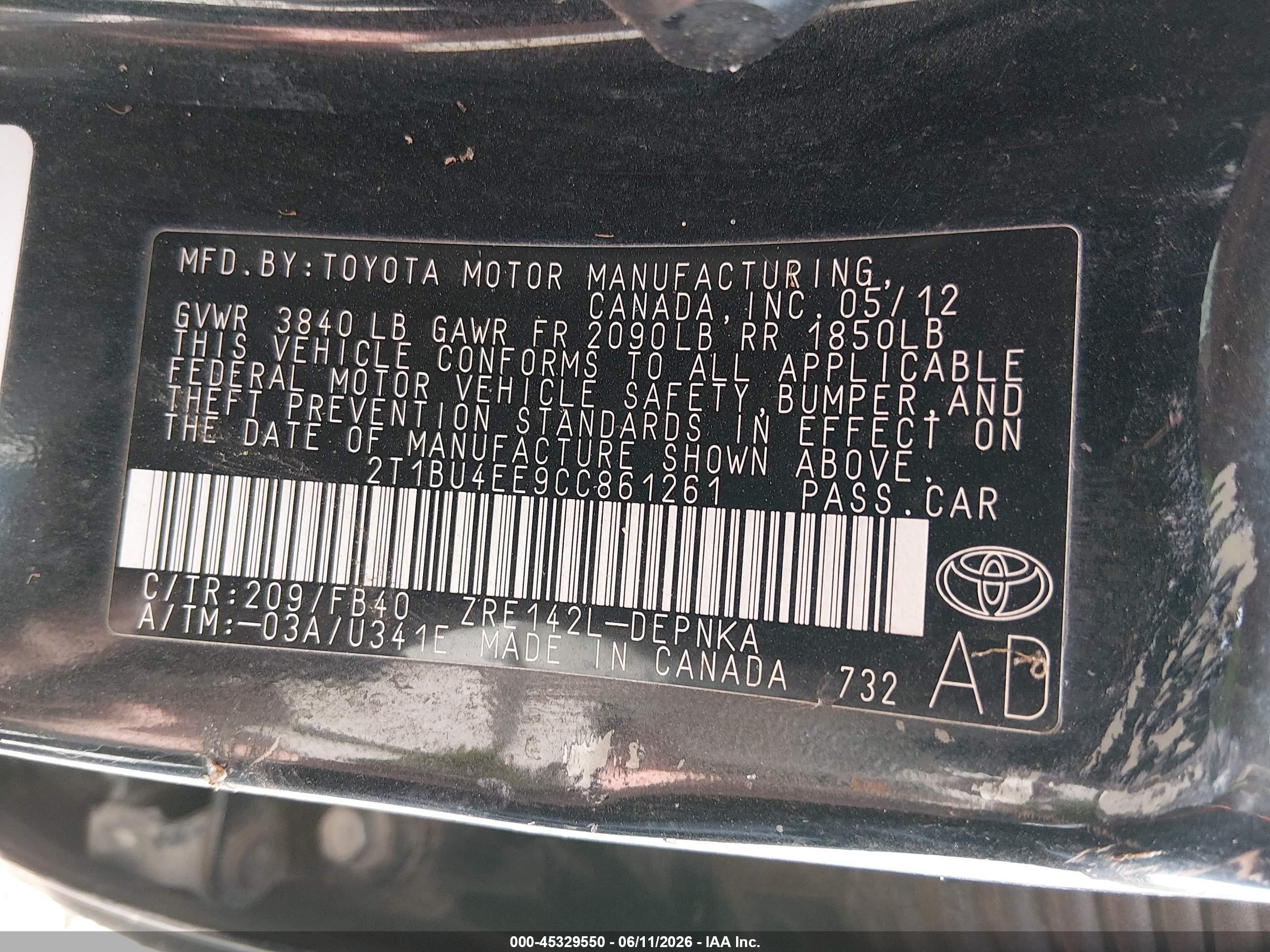 2012 Toyota Corolla Le Black vin: 2T1BU4EE9CC861261