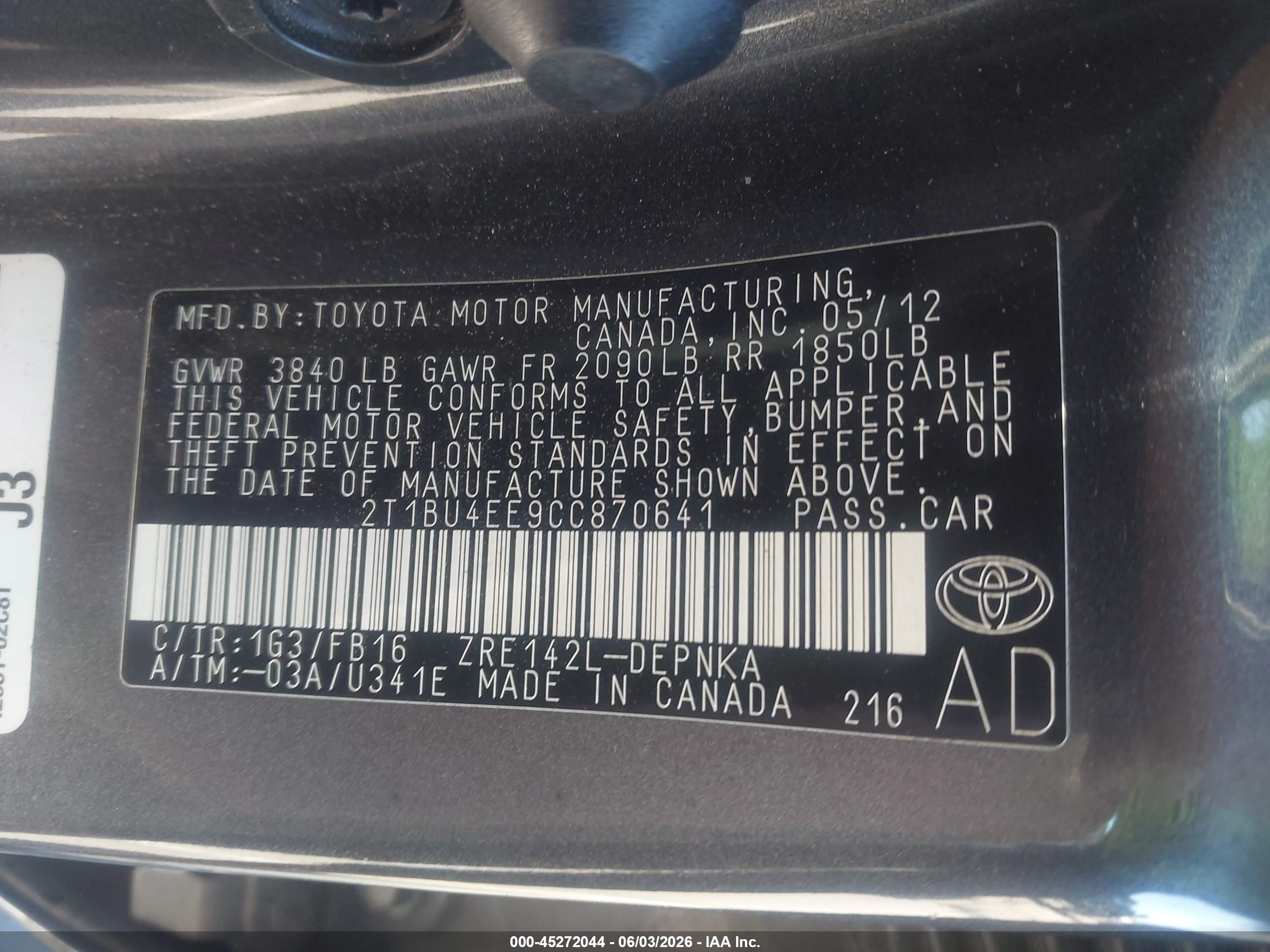 2012 Toyota Corolla Le Gray vin: 2T1BU4EE9CC870641