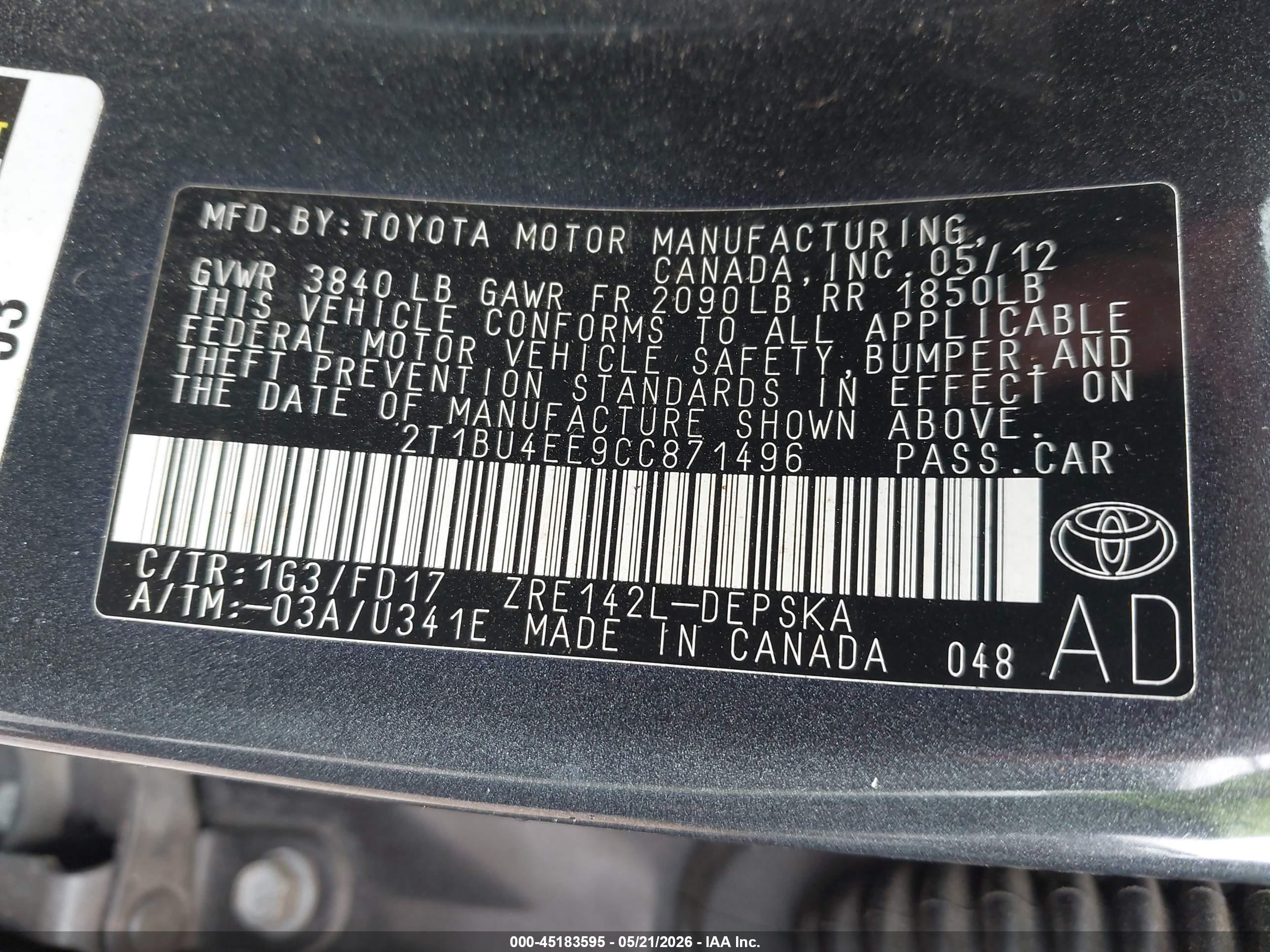 2012 Toyota Corolla S Gray vin: 2T1BU4EE9CC871496