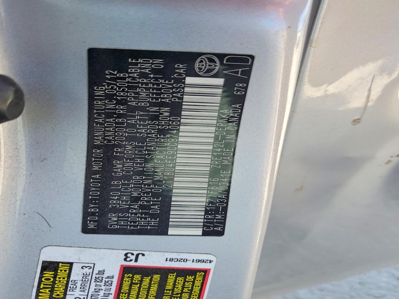 2012 Toyota Corolla Le Silver vin: 2T1BU4EE9CC874060