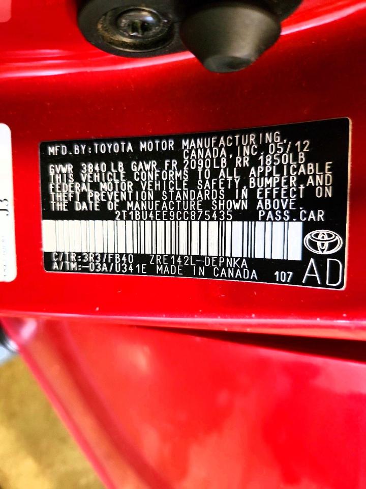 2012 Toyota Corolla Le Red vin: 2T1BU4EE9CC875435