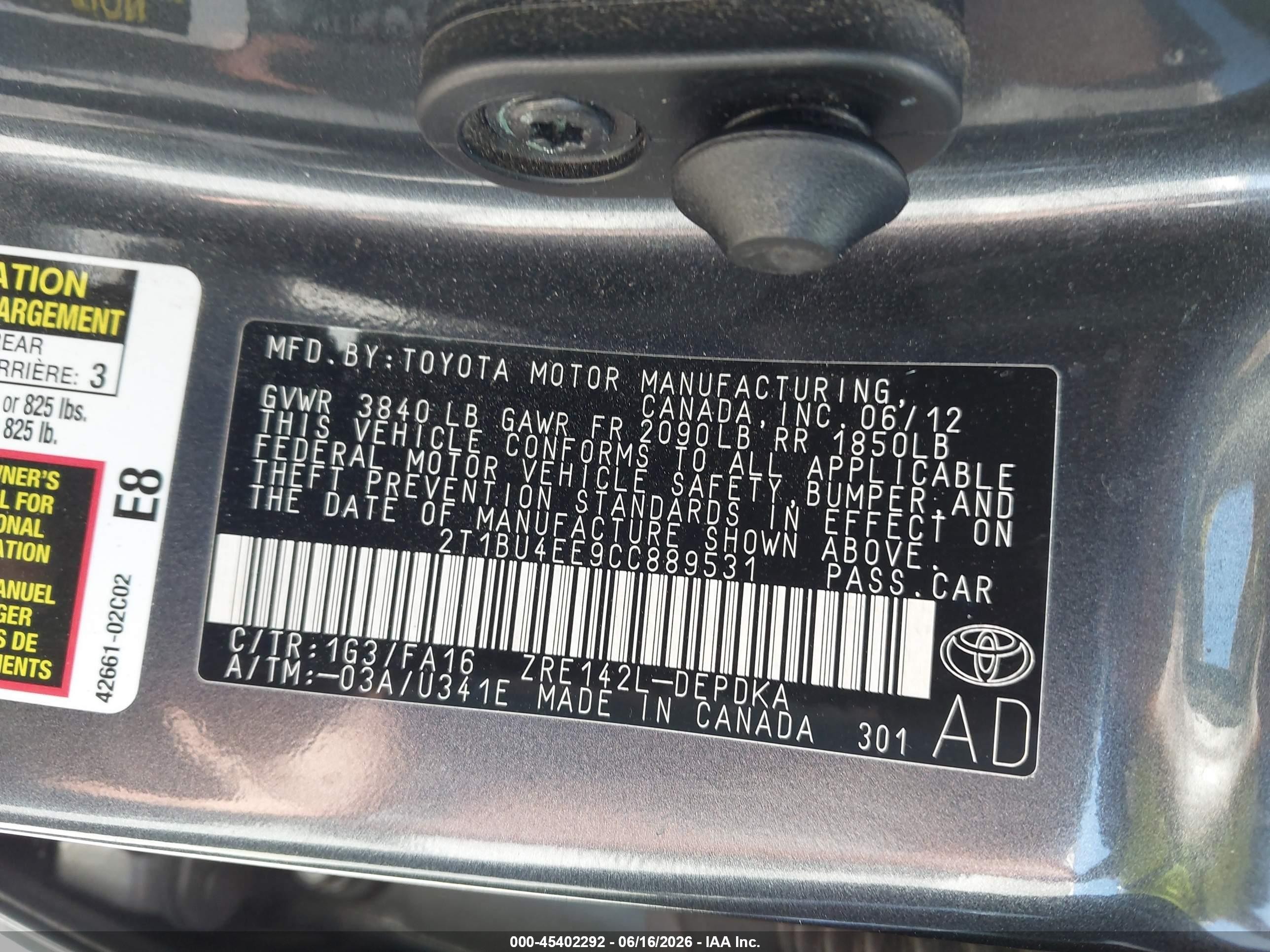 2012 Toyota Corolla L Gray vin: 2T1BU4EE9CC889531