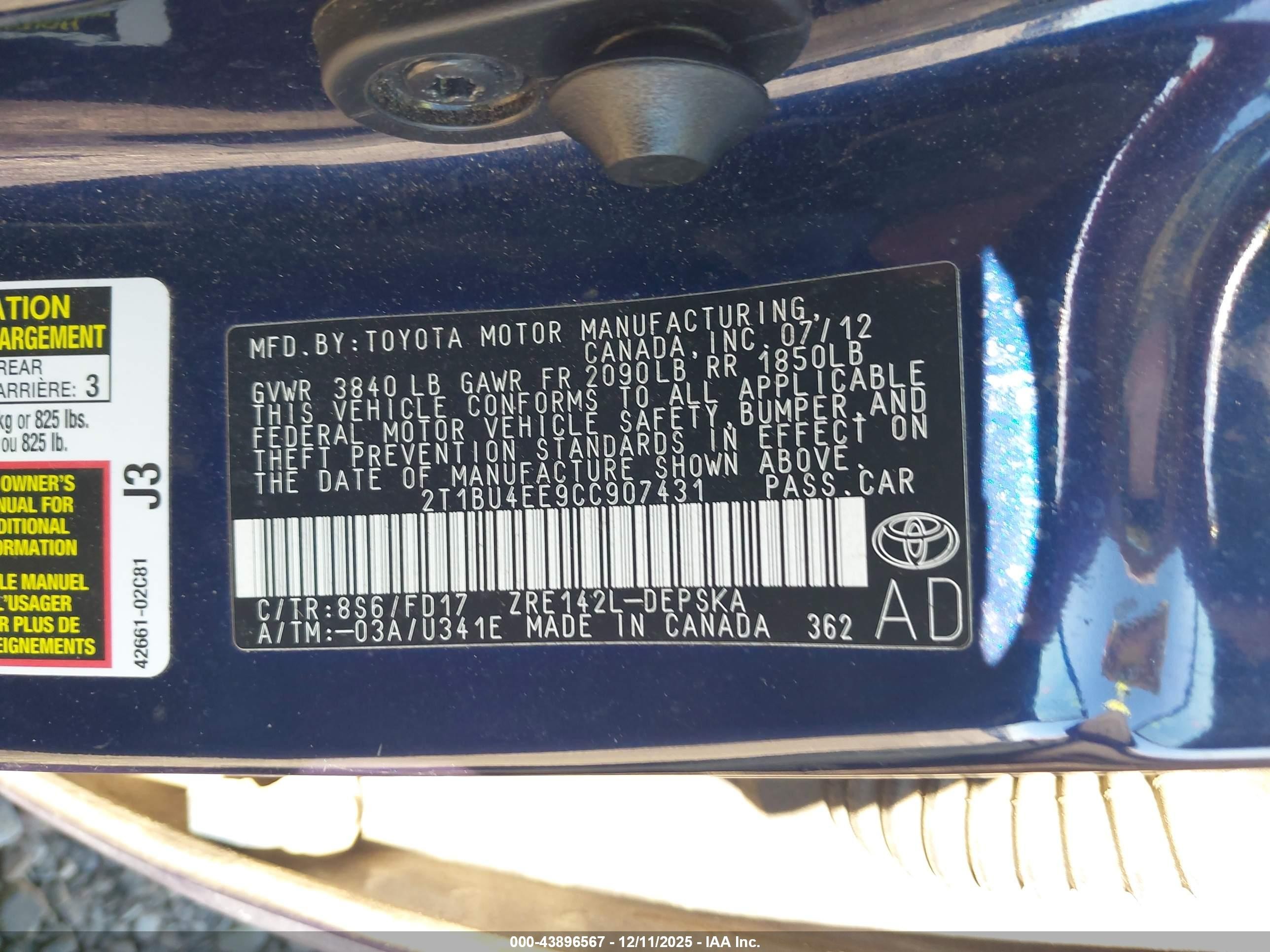 2012 Toyota Corolla S Blue vin: 2T1BU4EE9CC907431