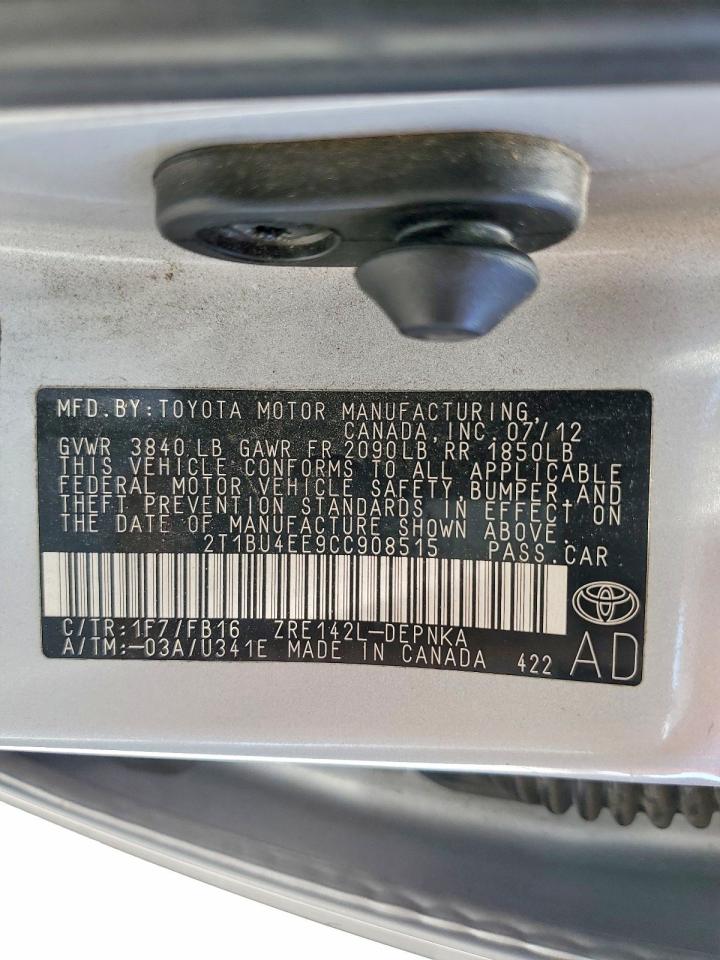 2012 Toyota Corolla Le Silver vin: 2T1BU4EE9CC908515