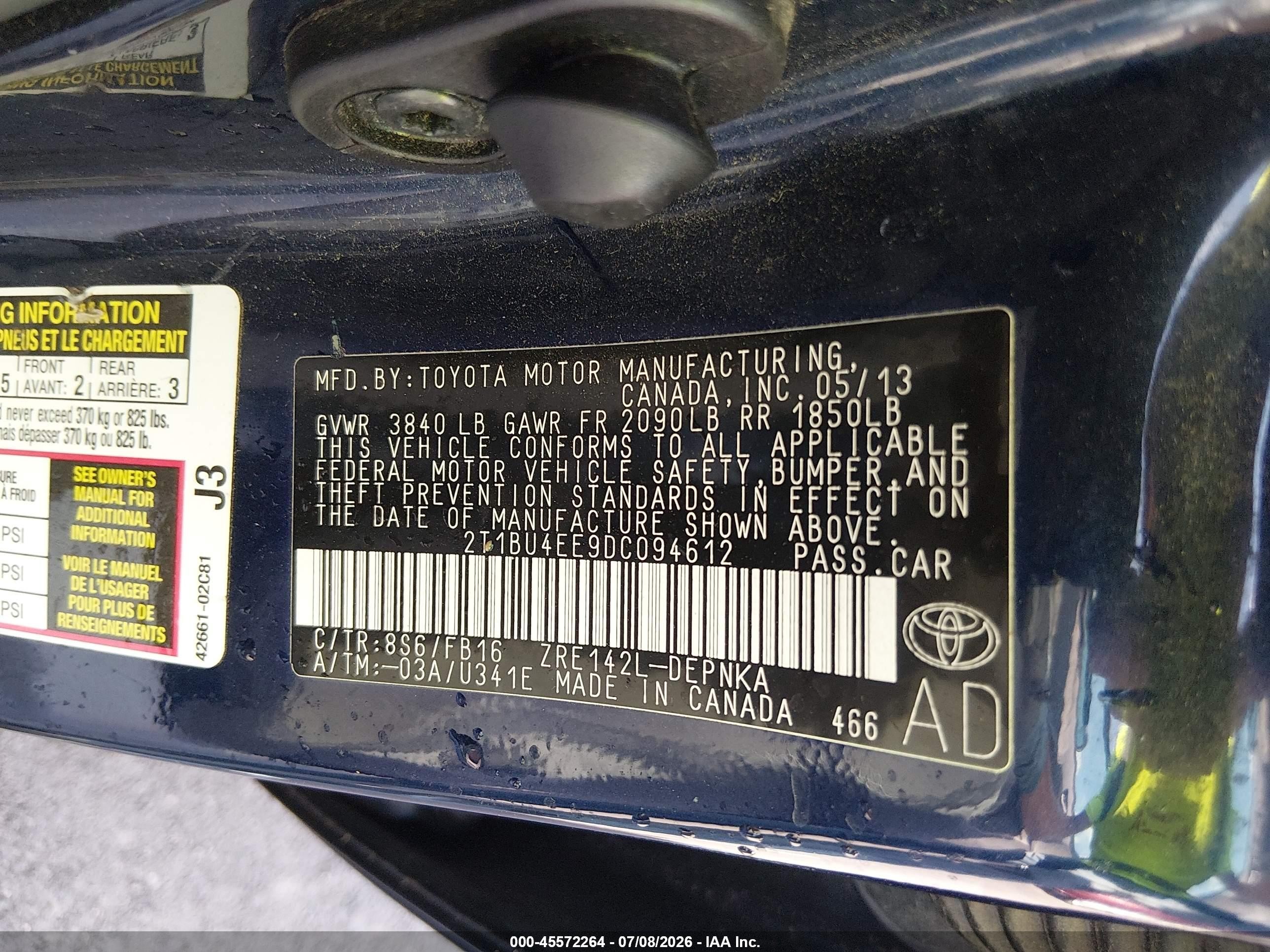 2013 Toyota Corolla Le Blue vin: 2T1BU4EE9DC094612