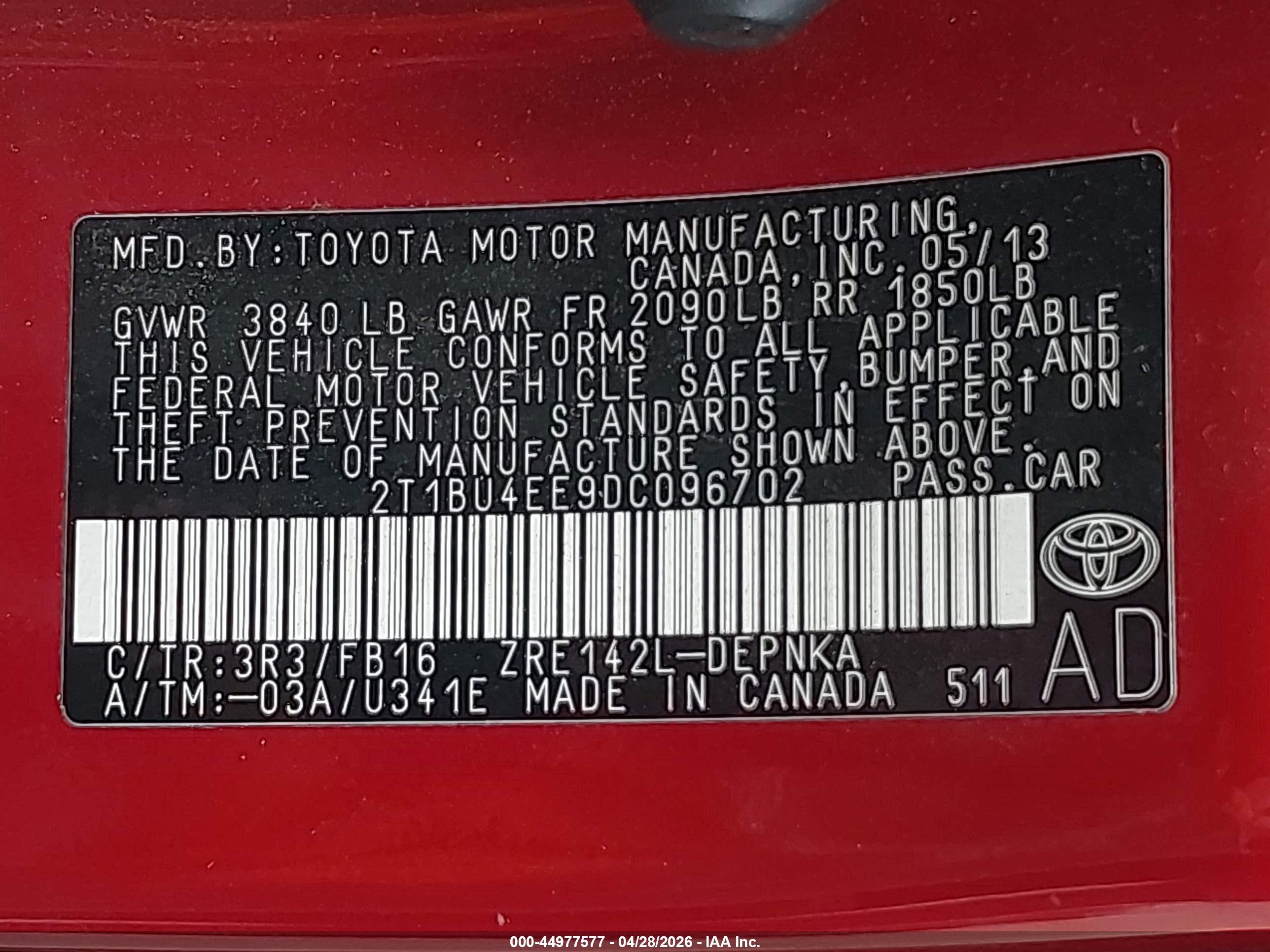 2013 Toyota Corolla Le Red vin: 2T1BU4EE9DC096702