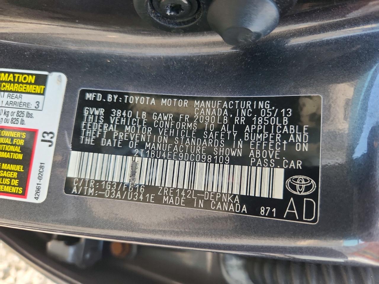 2013 Toyota Corolla Le Gray vin: 2T1BU4EE9DC098109