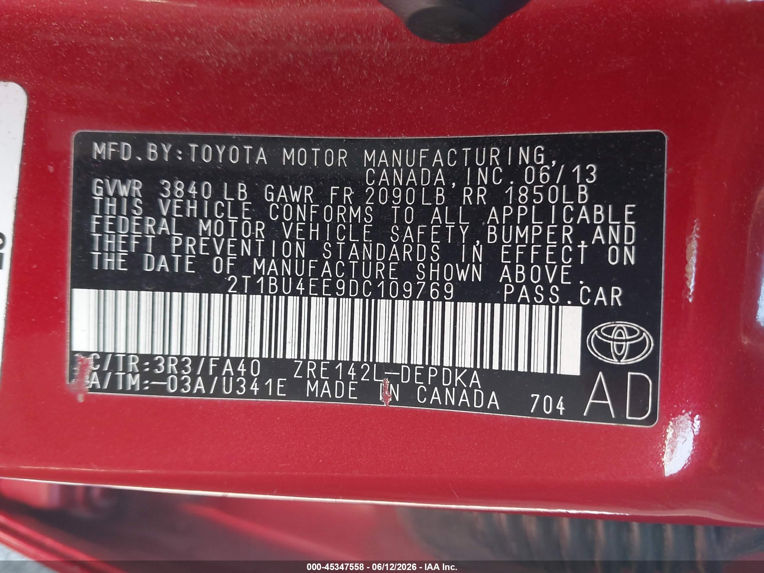 2013 Toyota Corolla L Red vin: 2T1BU4EE9DC109769