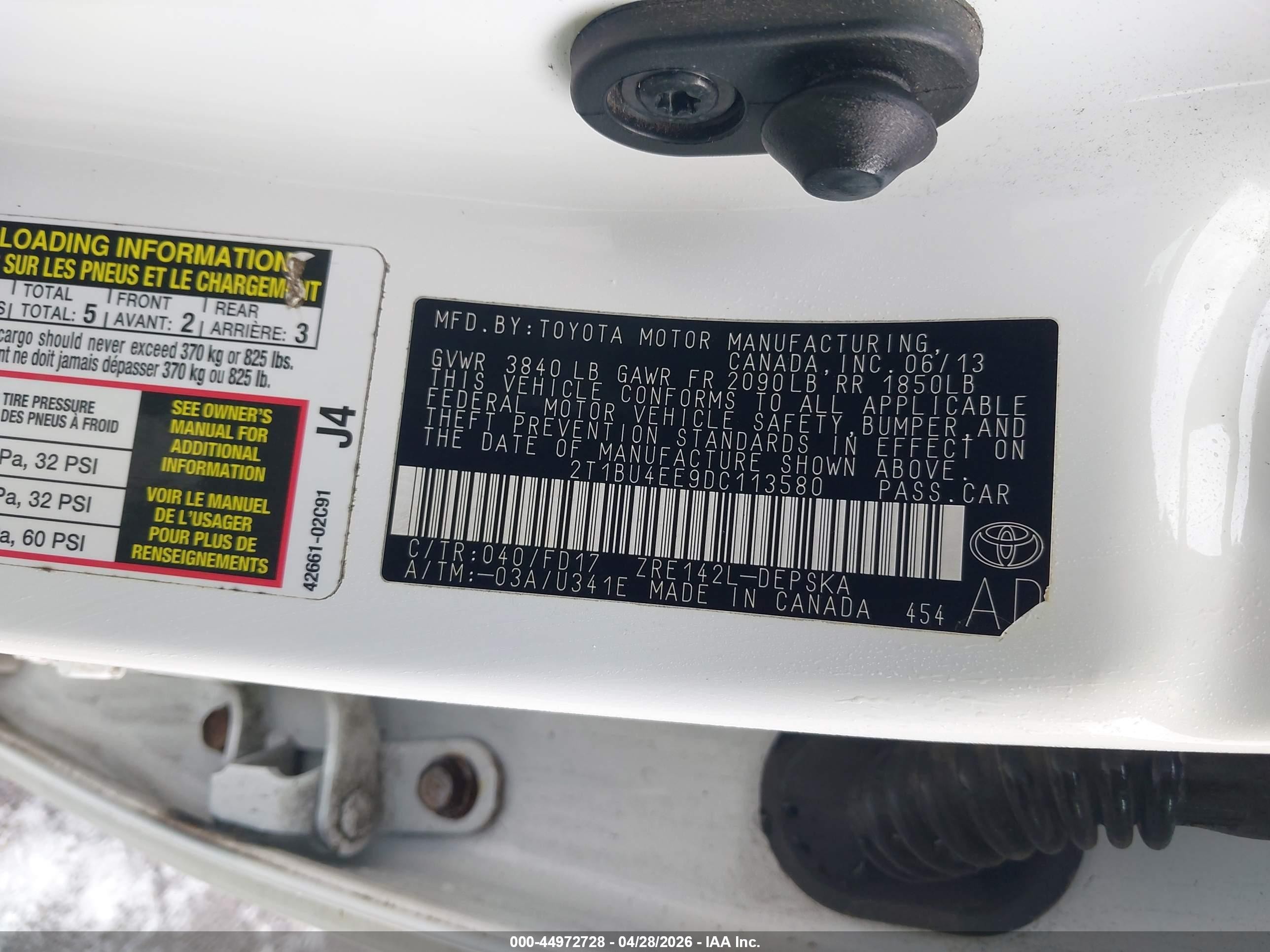 2013 Toyota Corolla S White vin: 2T1BU4EE9DC113580