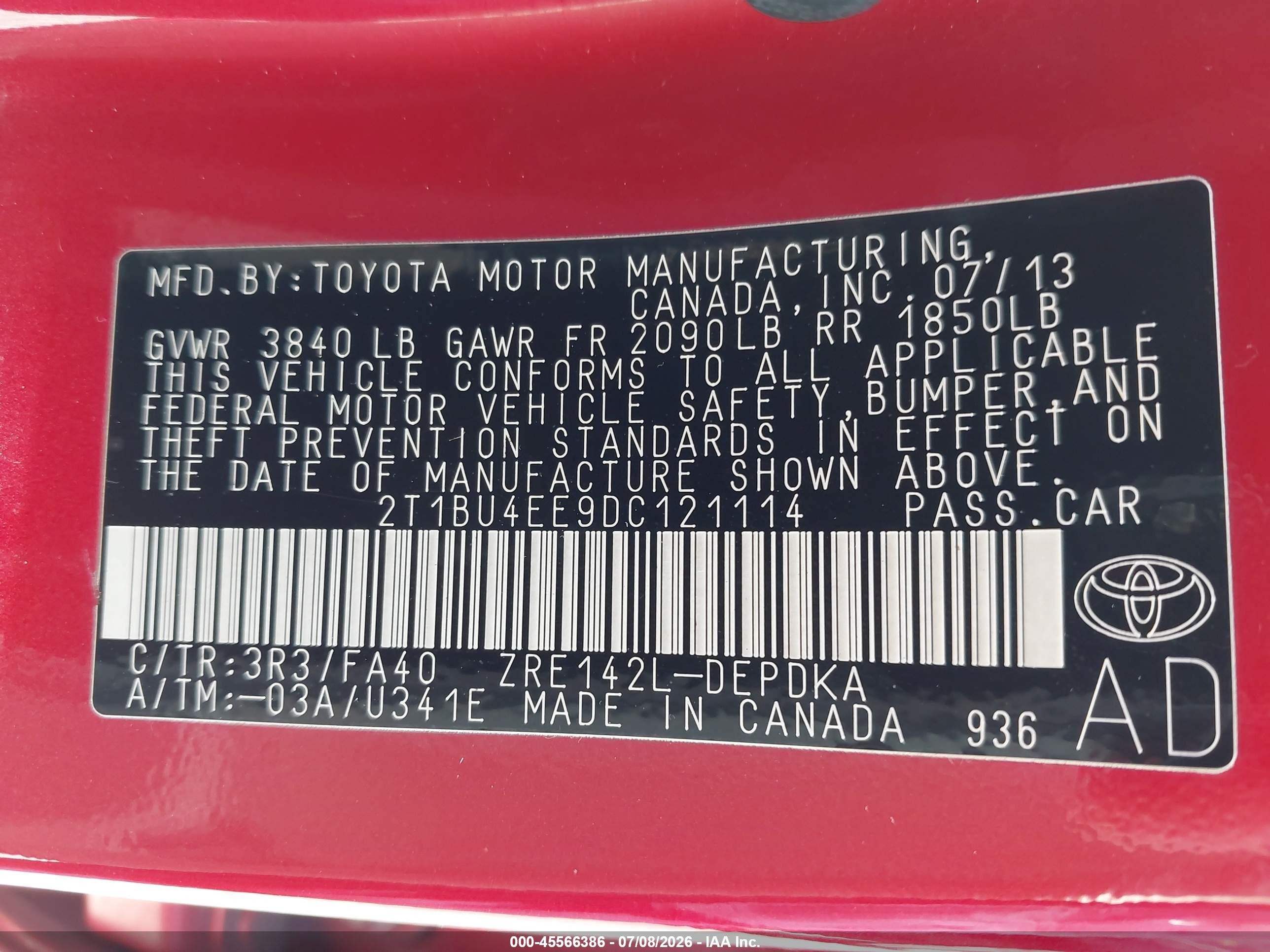 2013 Toyota Corolla L Red vin: 2T1BU4EE9DC121114
