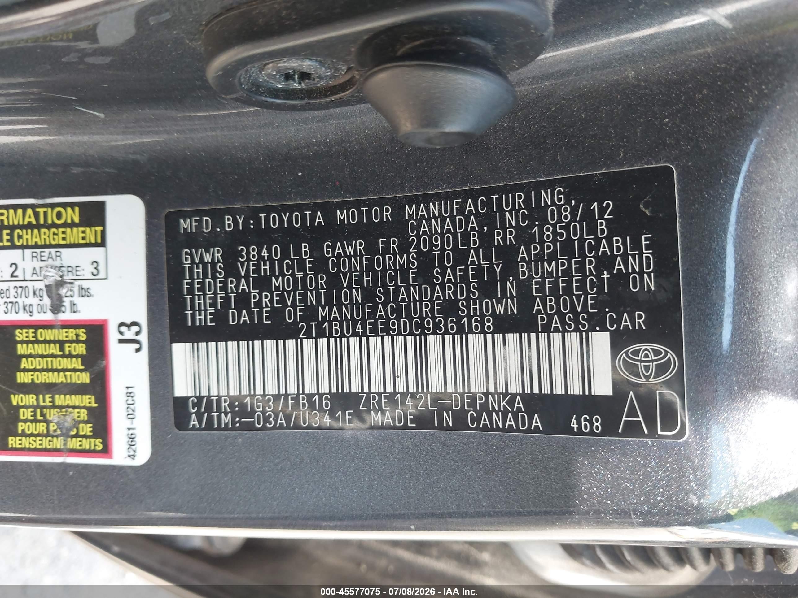 2013 Toyota Corolla Le Gray vin: 2T1BU4EE9DC936168