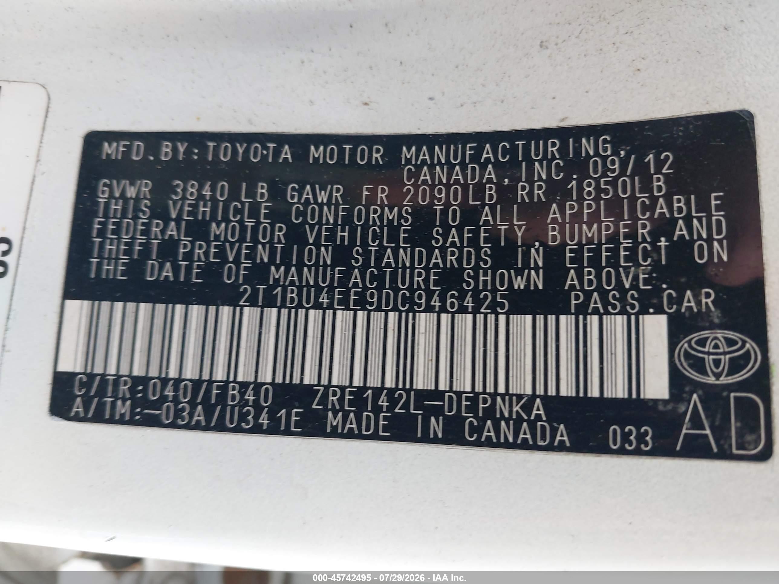 2013 Toyota Corolla Le White vin: 2T1BU4EE9DC946425