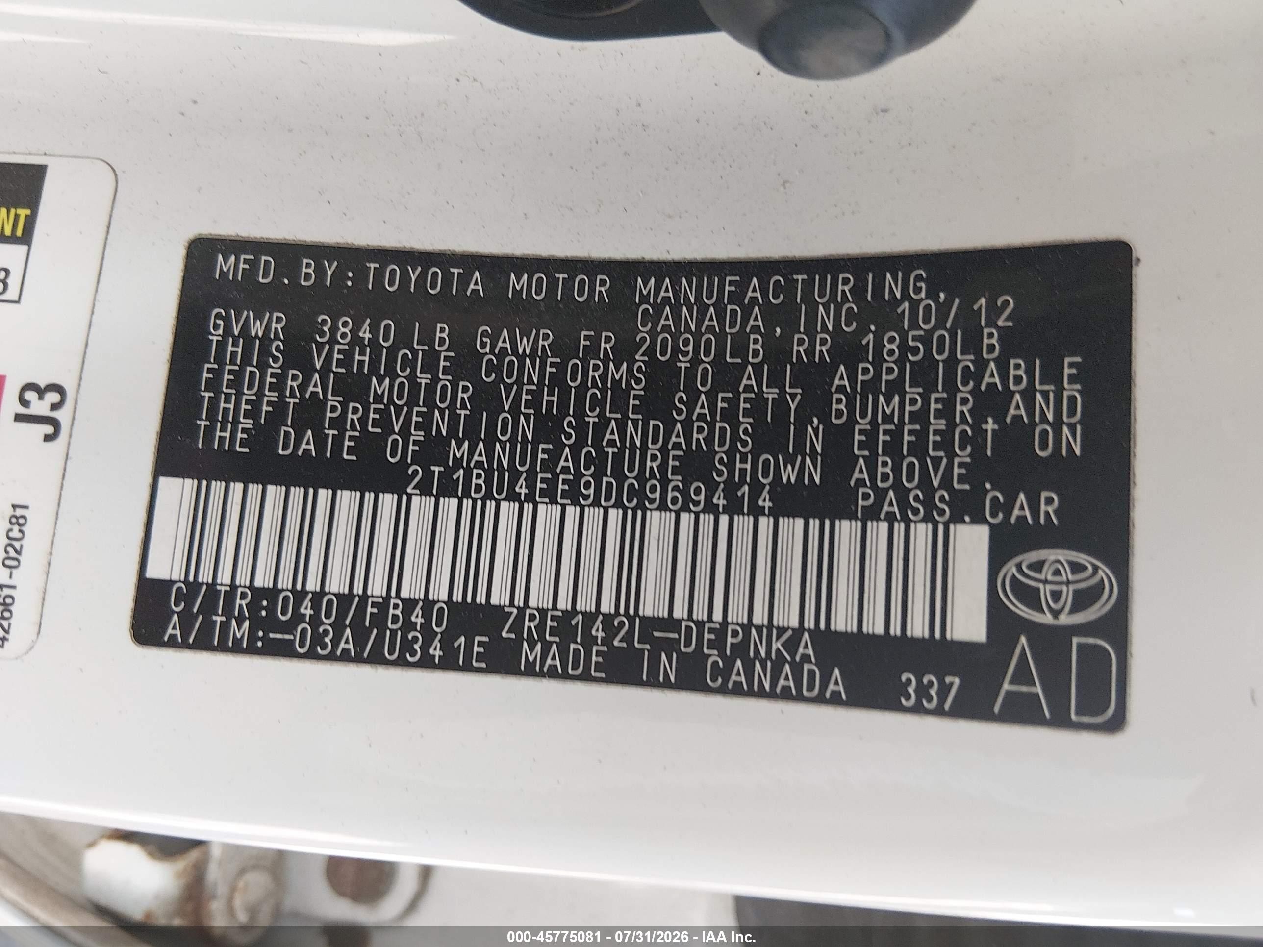 2013 Toyota Corolla Le White vin: 2T1BU4EE9DC969414