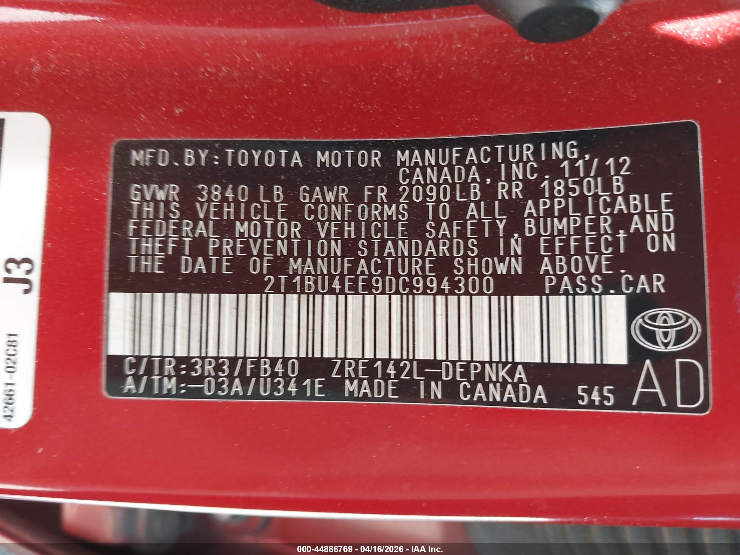 2013 Toyota Corolla Le Red vin: 2T1BU4EE9DC994300