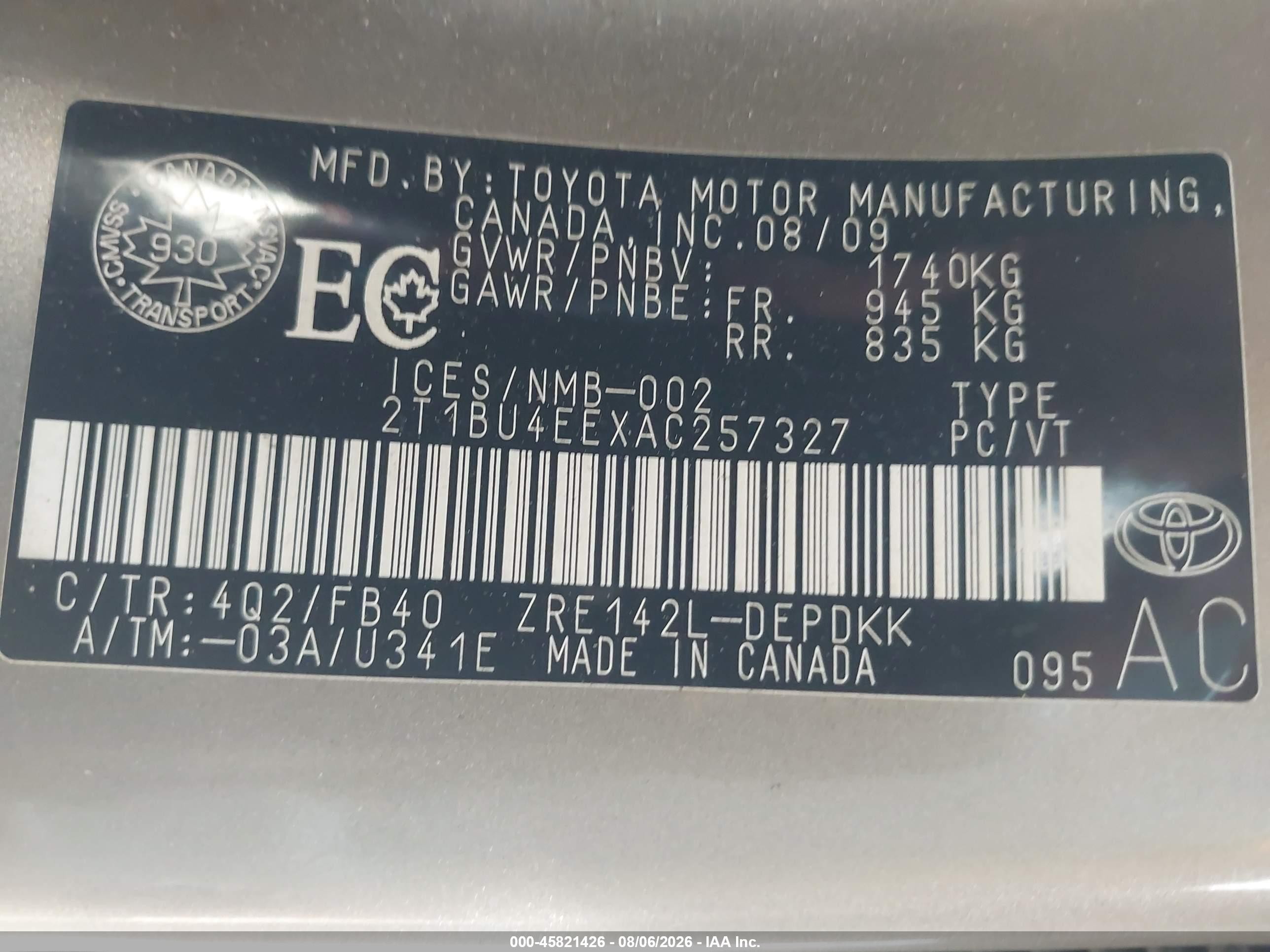 2010 Toyota Corolla Ce Champagne vin: 2T1BU4EEXAC257327