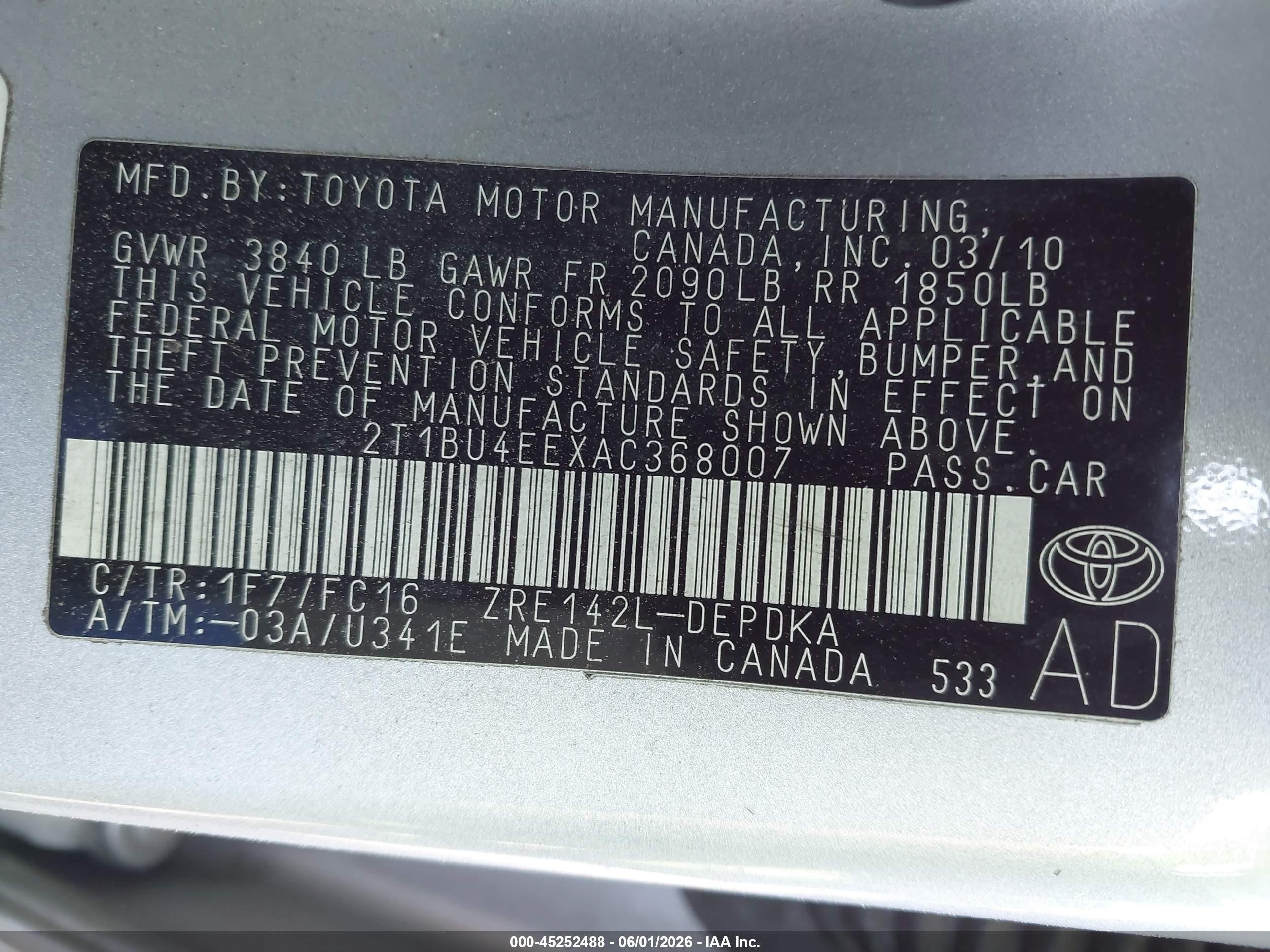 2010 Toyota Corolla Le Silver vin: 2T1BU4EEXAC368007