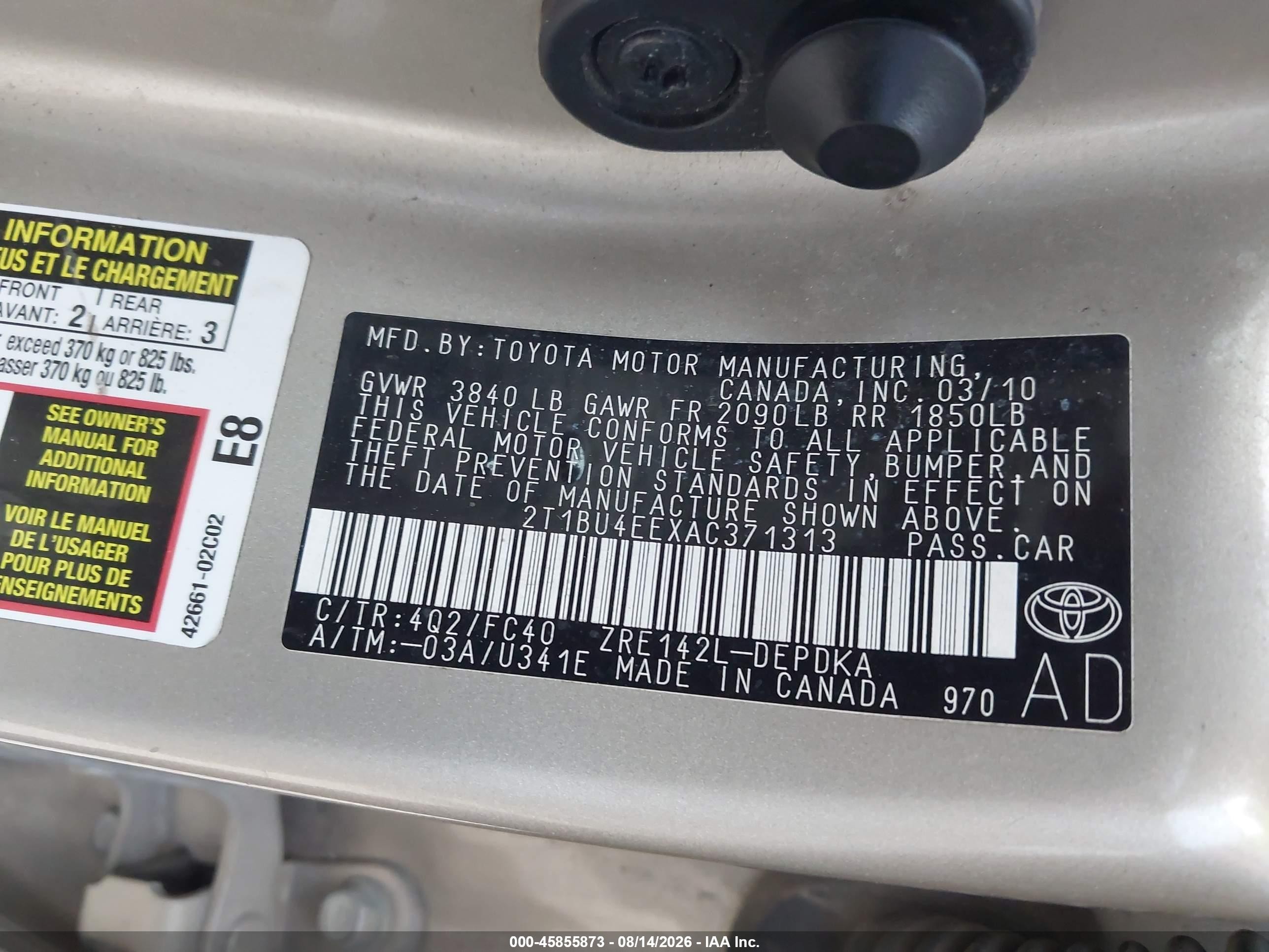 2010 Toyota Corolla Le Tan vin: 2T1BU4EEXAC371313