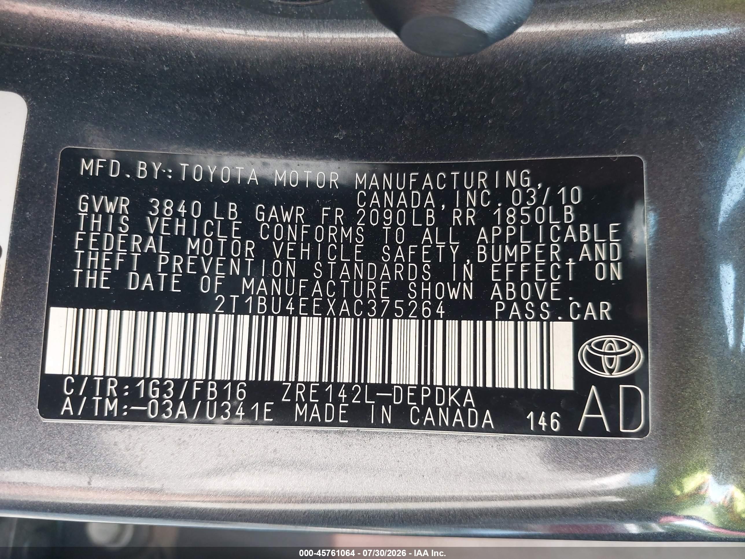 2010 Toyota Corolla   Серый vin: 2T1BU4EEXAC375264