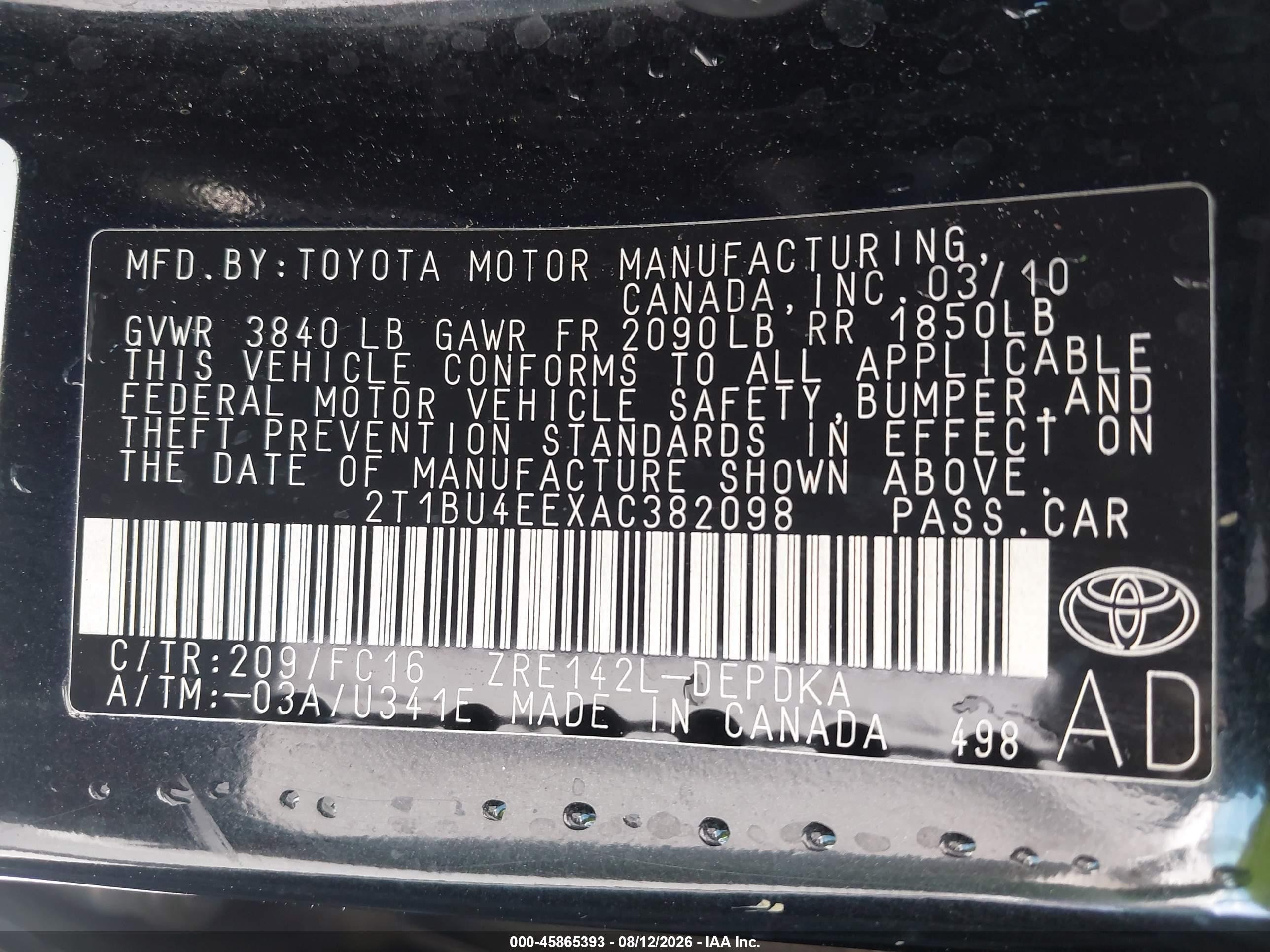 2010 Toyota Corolla Le Black vin: 2T1BU4EEXAC382098