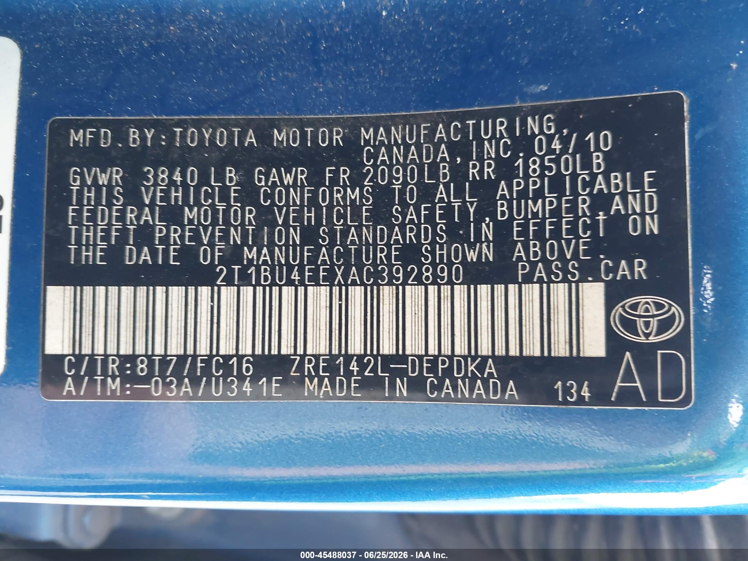 2010 Toyota Corolla Le Blue vin: 2T1BU4EEXAC392890