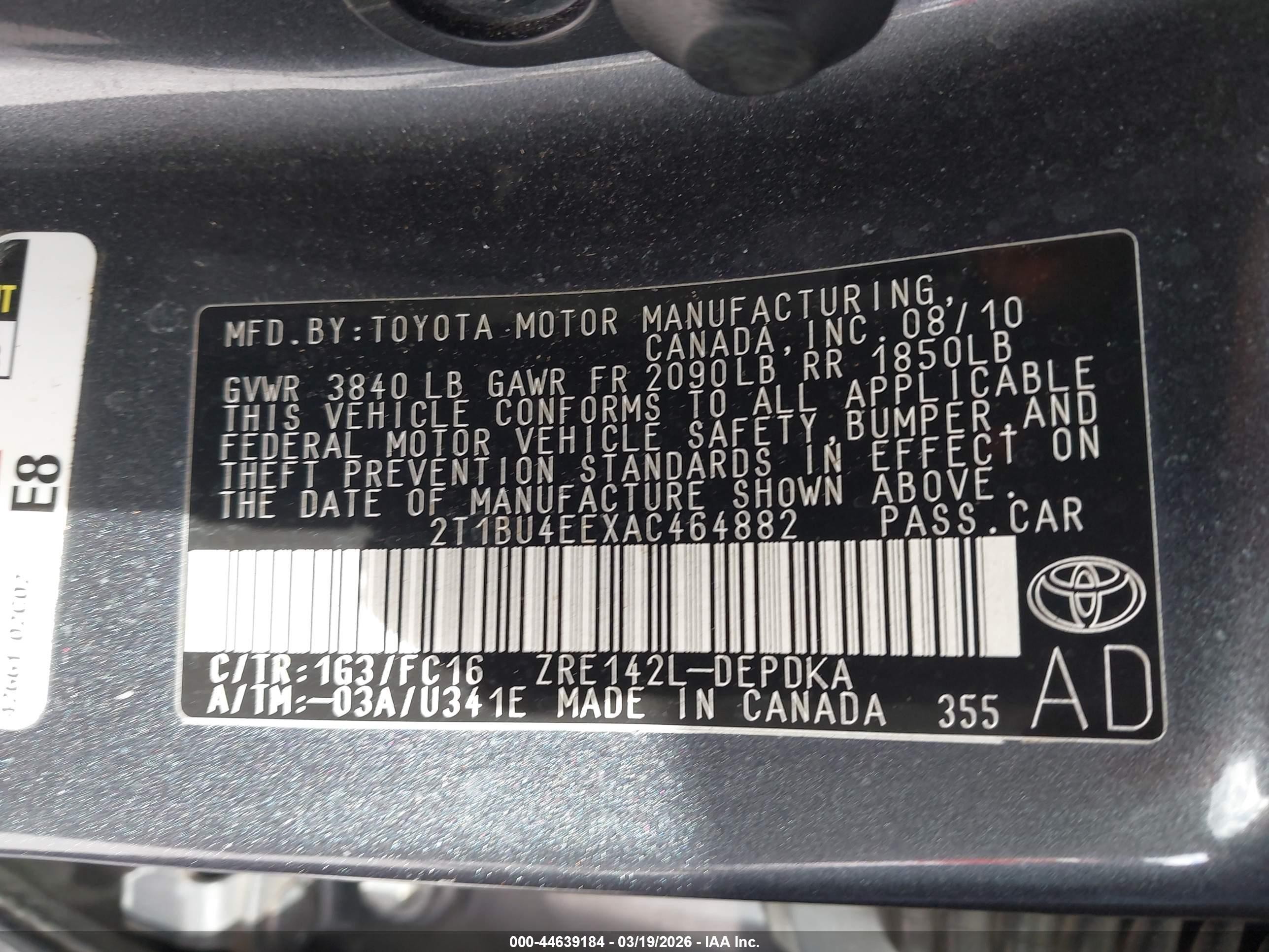2010 Toyota Corolla Le Gray vin: 2T1BU4EEXAC464882