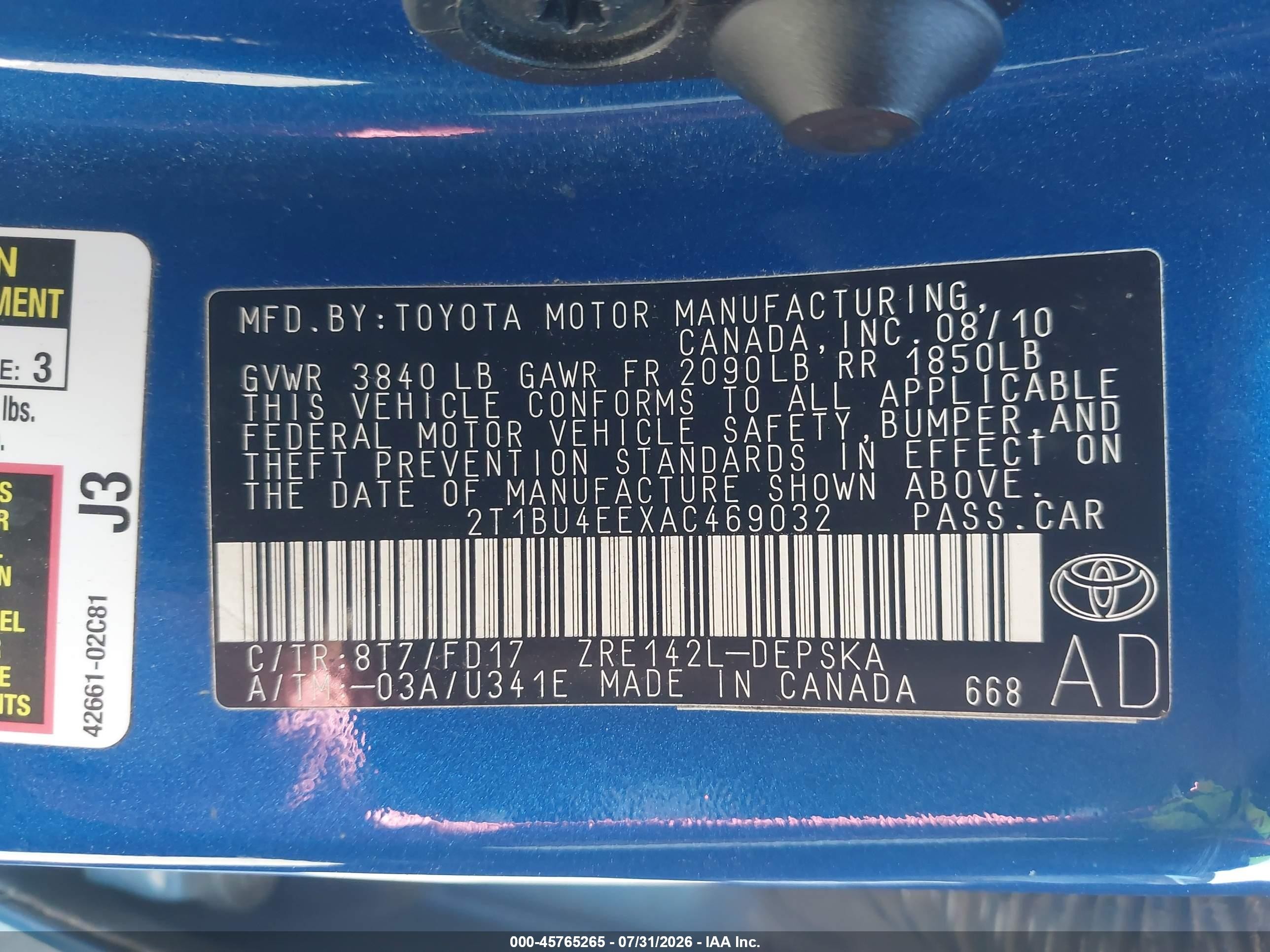 2010 Toyota Corolla S Blue vin: 2T1BU4EEXAC469032