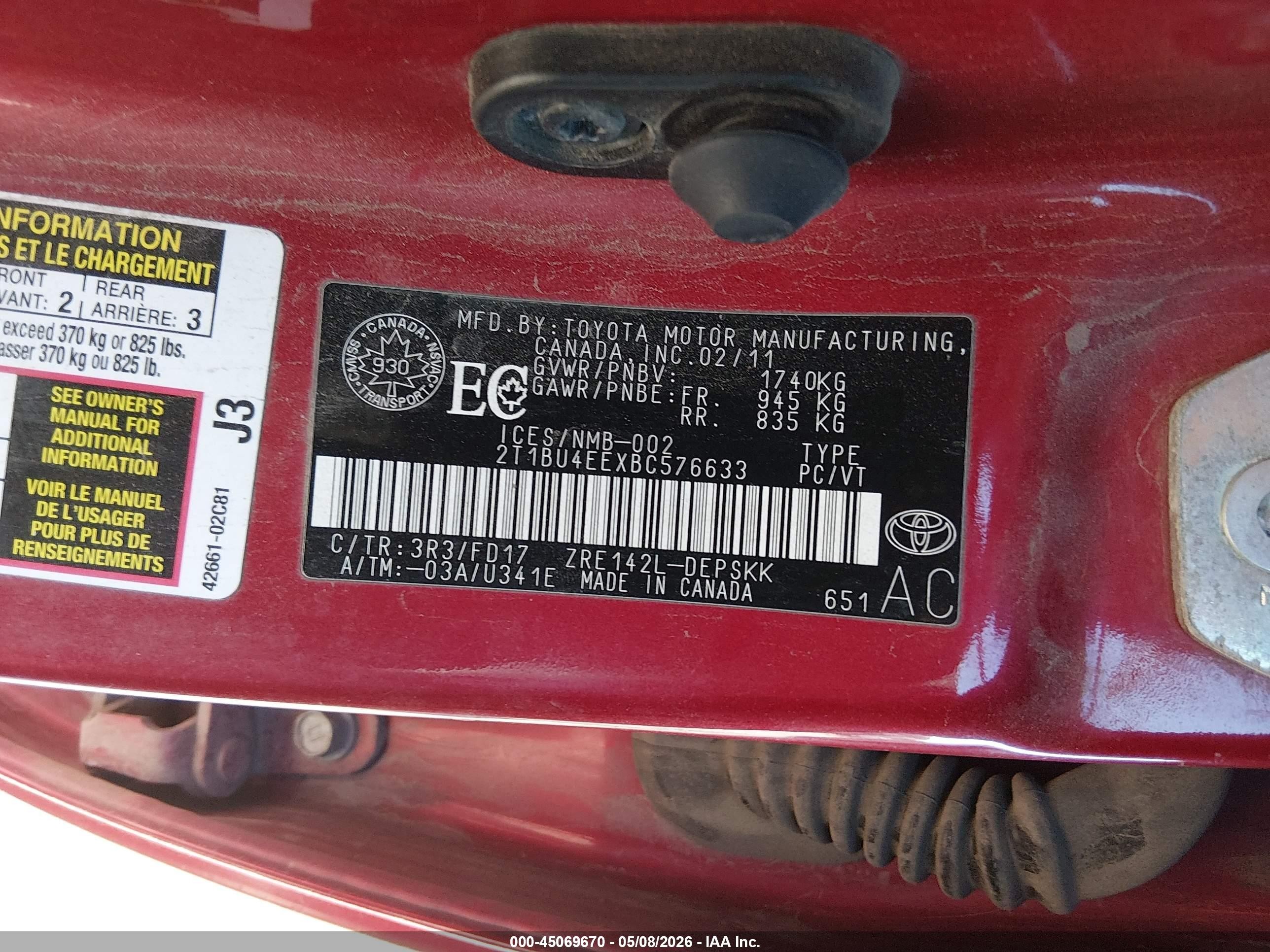 2011 Toyota Corolla S Red vin: 2T1BU4EEXBC576633