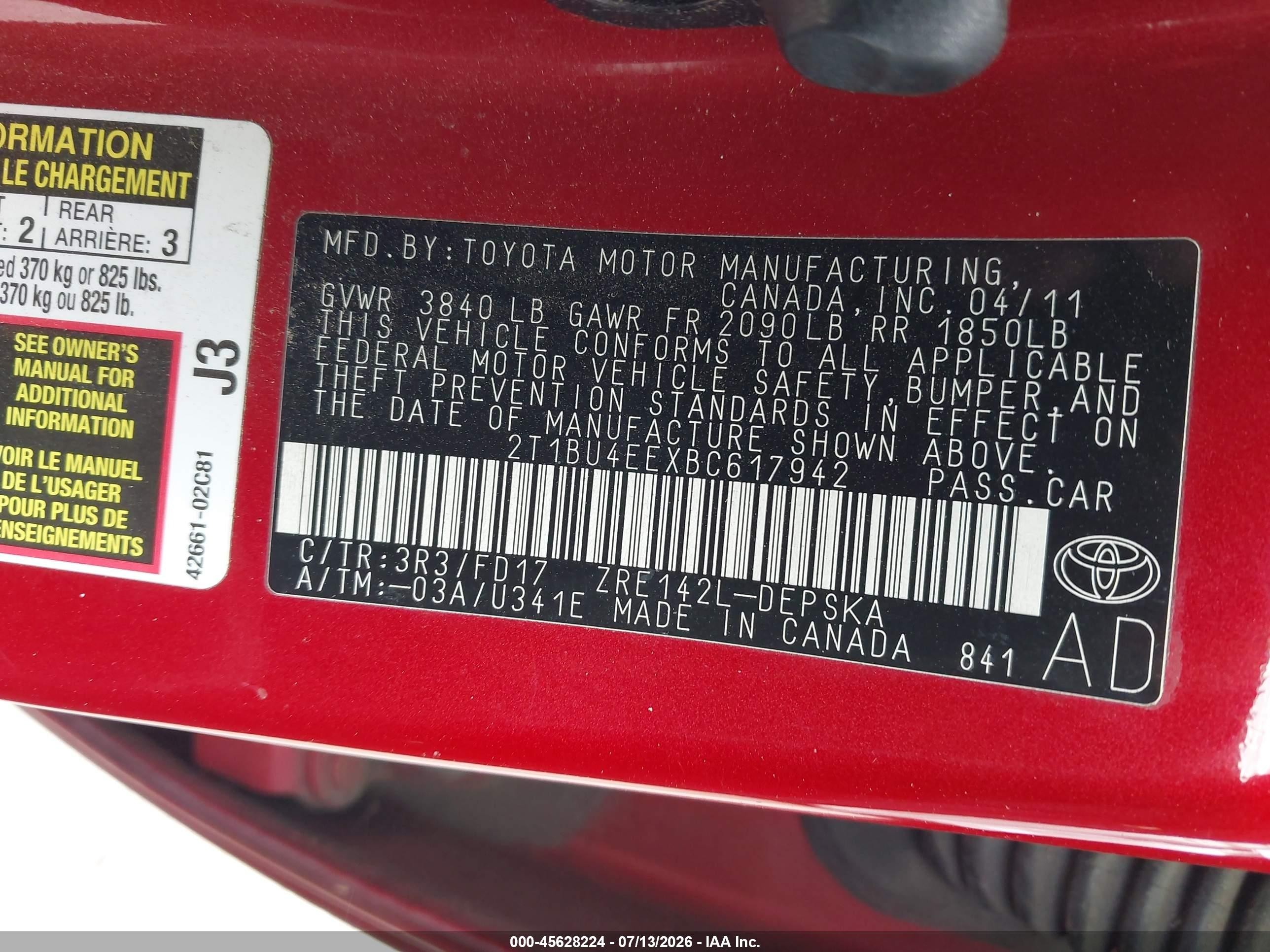 2011 Toyota Corolla S Red vin: 2T1BU4EEXBC617942