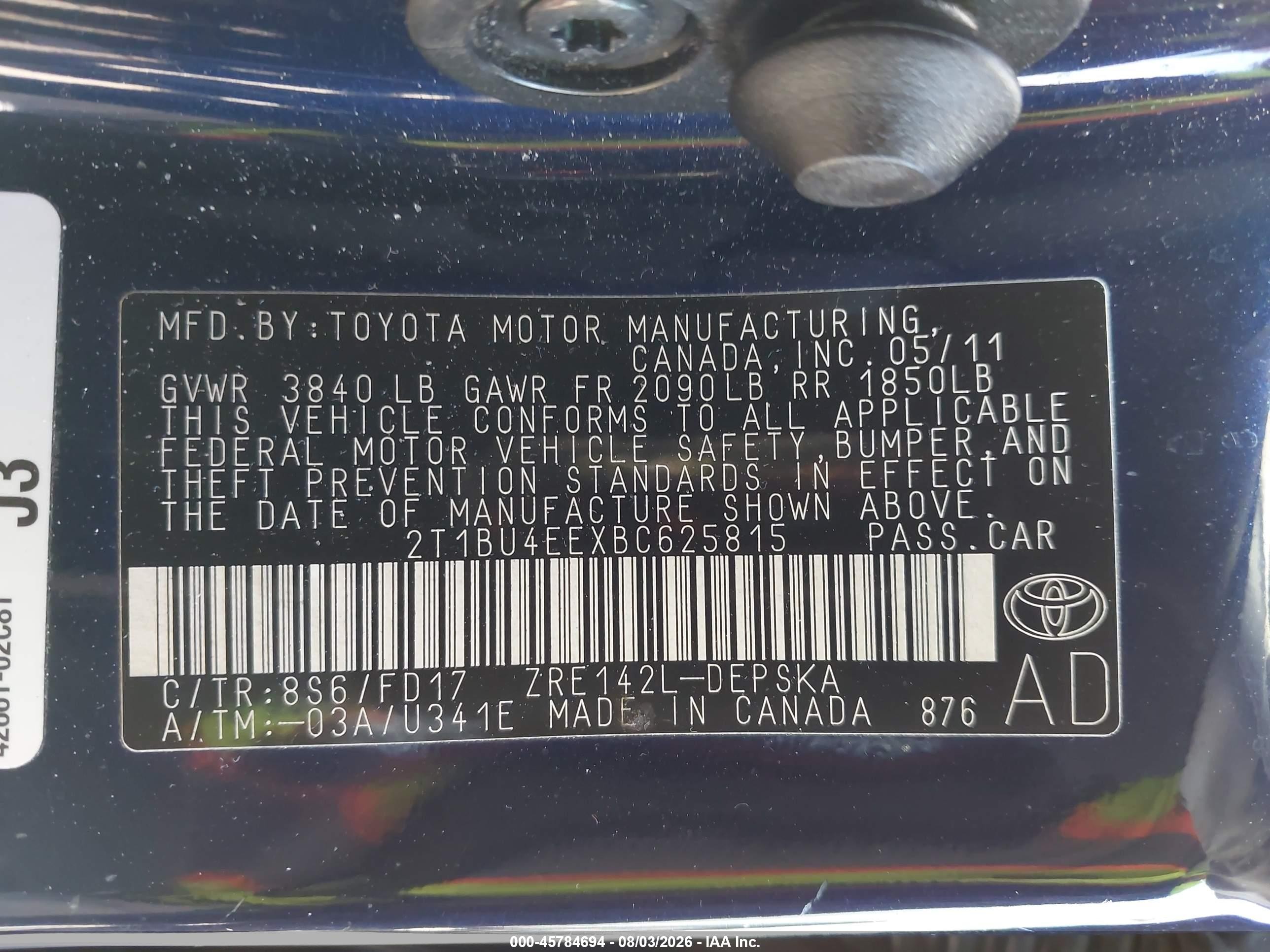 2011 Toyota Corolla S Blue vin: 2T1BU4EEXBC625815
