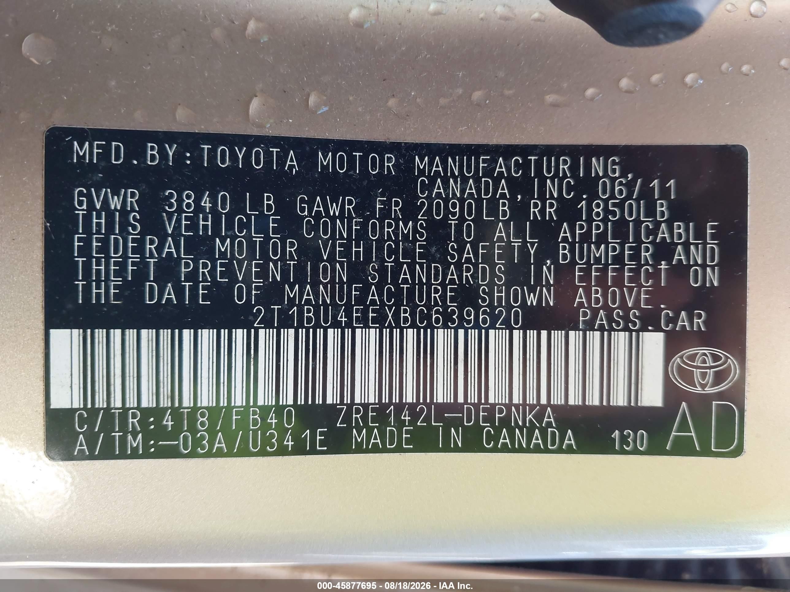 2011 Toyota Corolla Le Gold vin: 2T1BU4EEXBC639620
