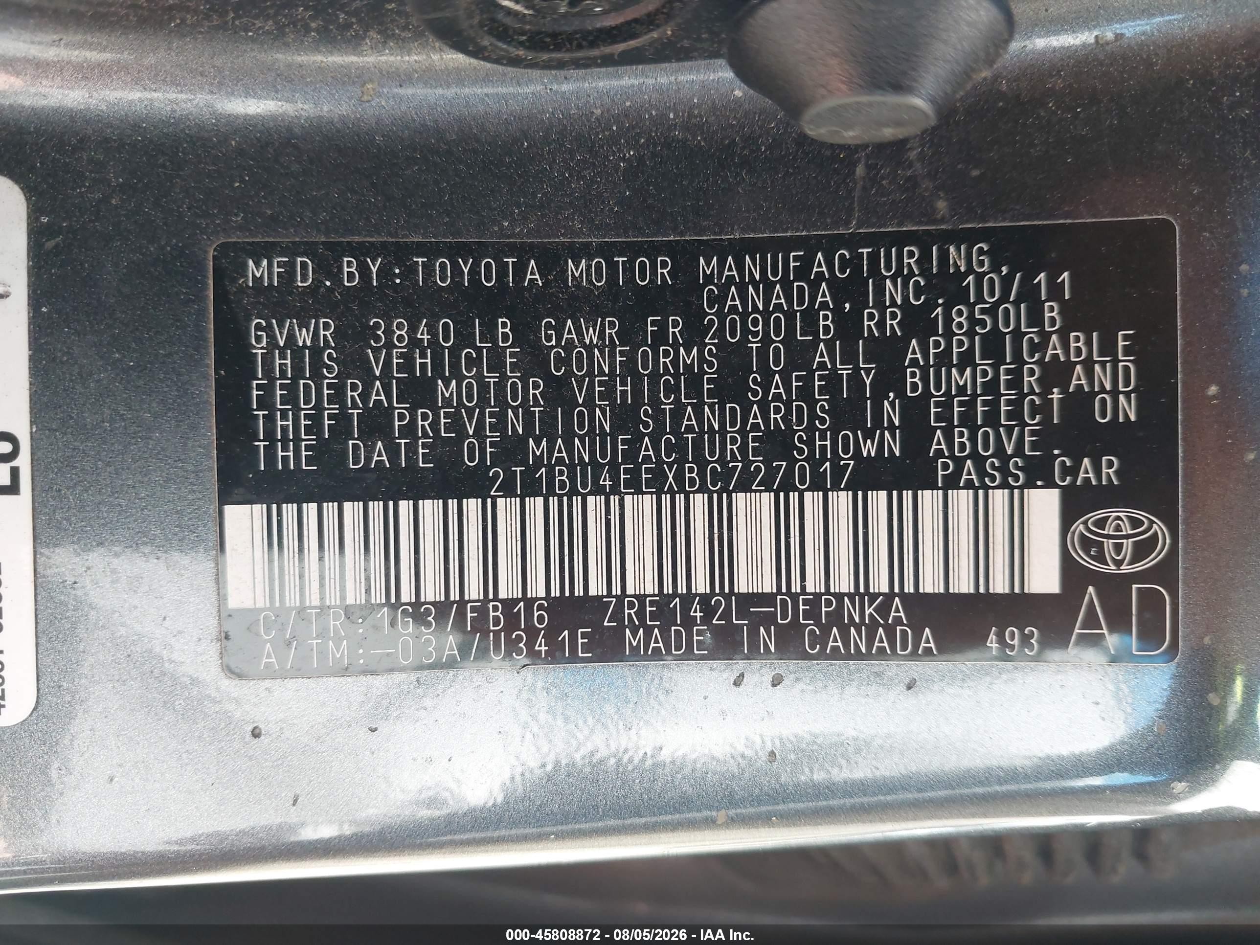 2011 Toyota Corolla Le Gray vin: 2T1BU4EEXBC727017
