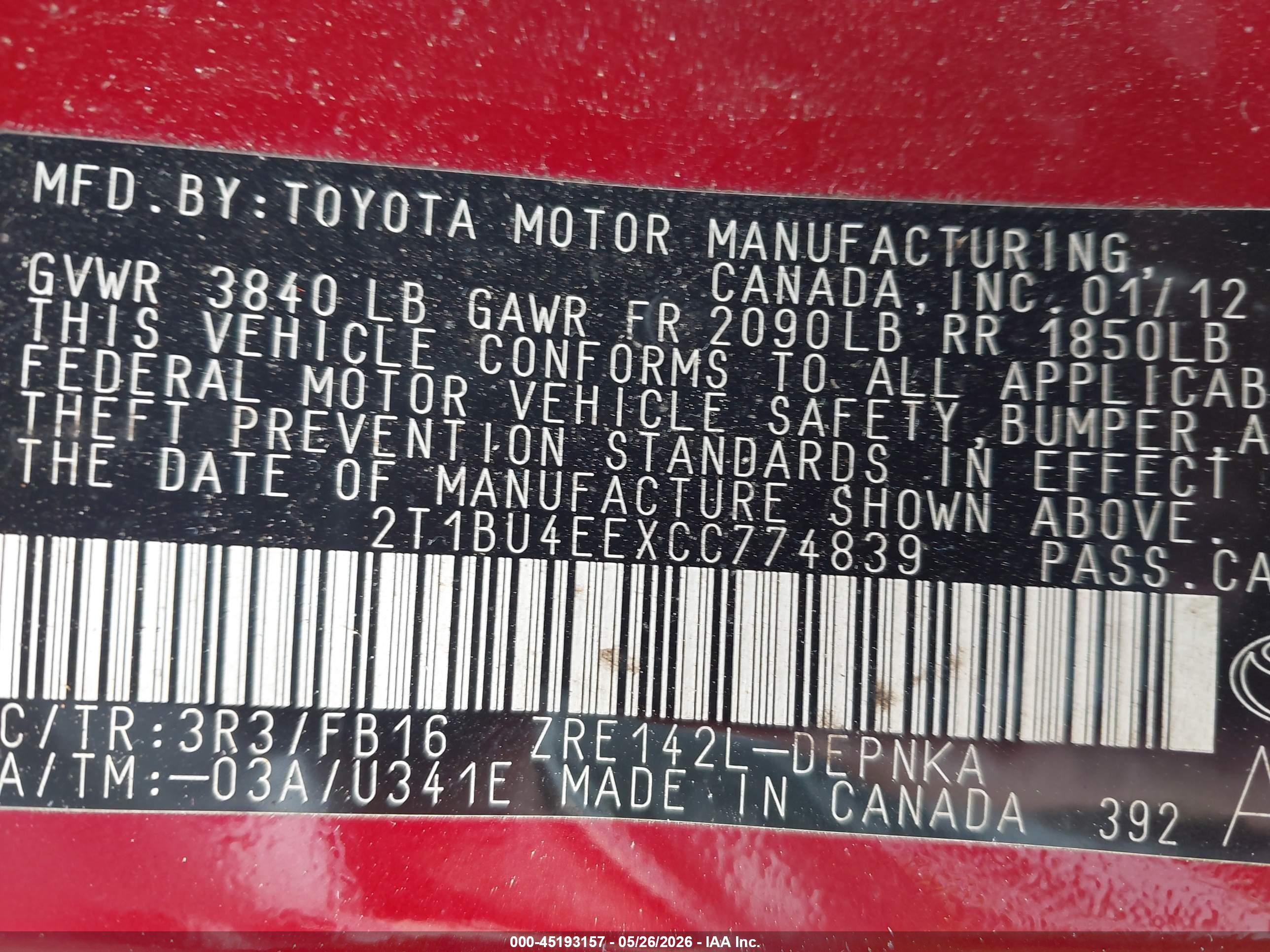 2012 Toyota Corolla Le Red vin: 2T1BU4EEXCC774839