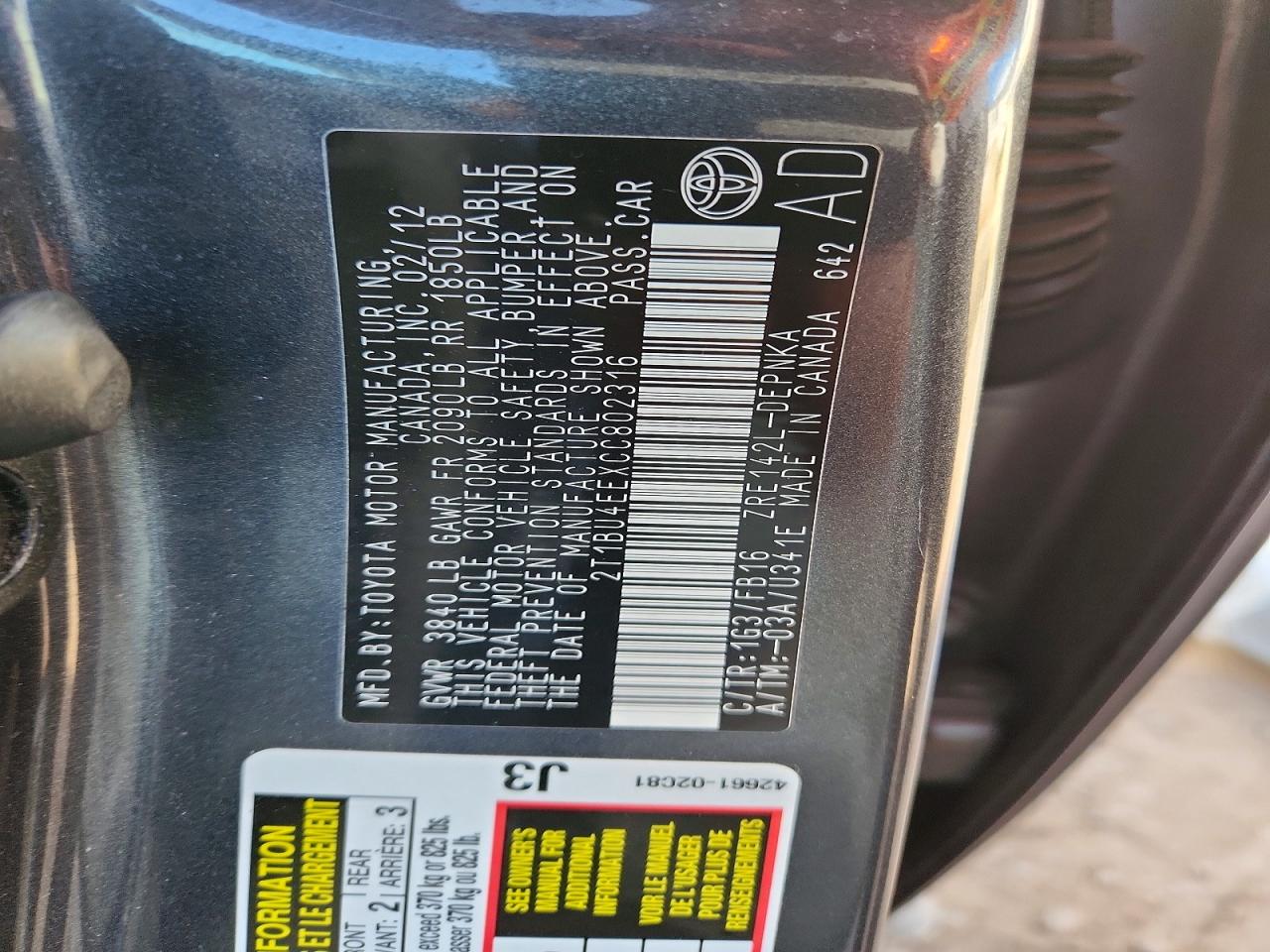 2012 Toyota Corolla L Charcoal vin: 2T1BU4EEXCC802316