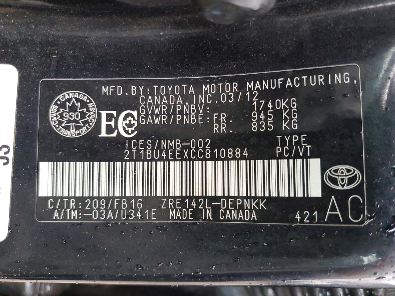 2012 Toyota Corolla L Black vin: 2T1BU4EEXCC810884