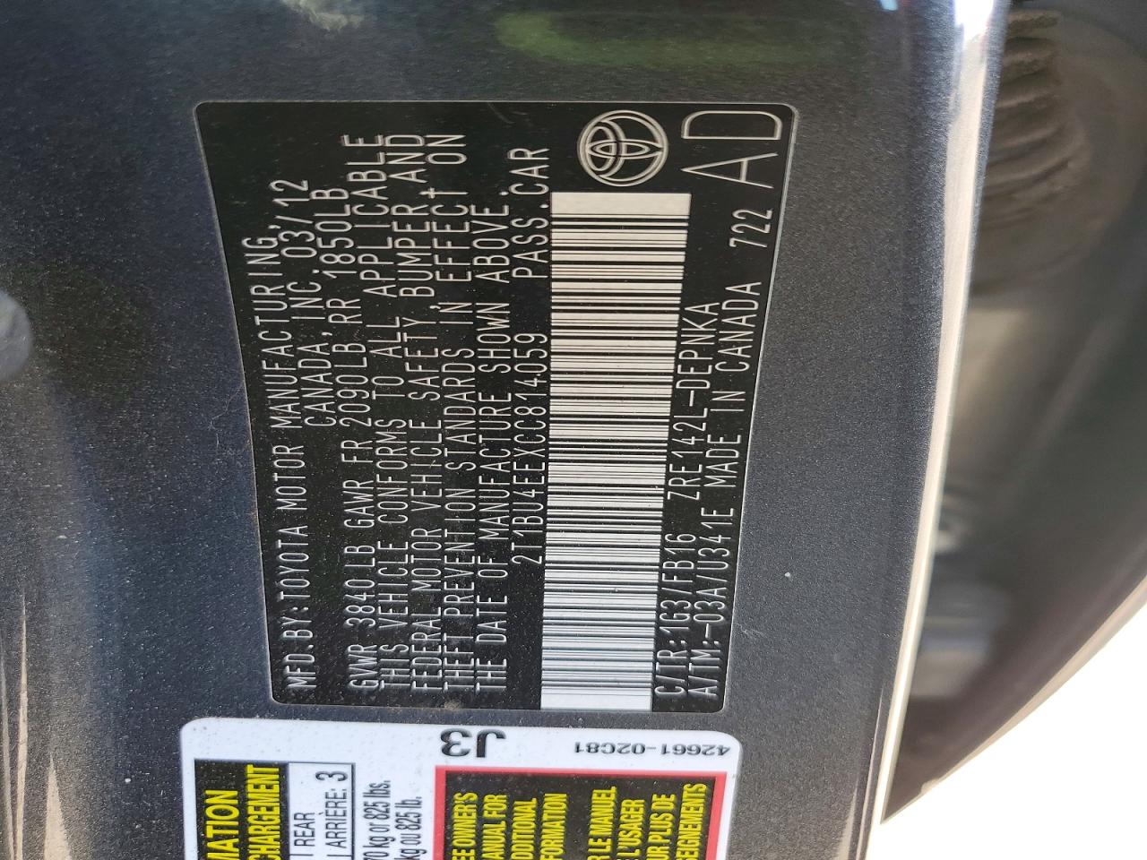 2012 Toyota Corolla Le Gray vin: 2T1BU4EEXCC814059