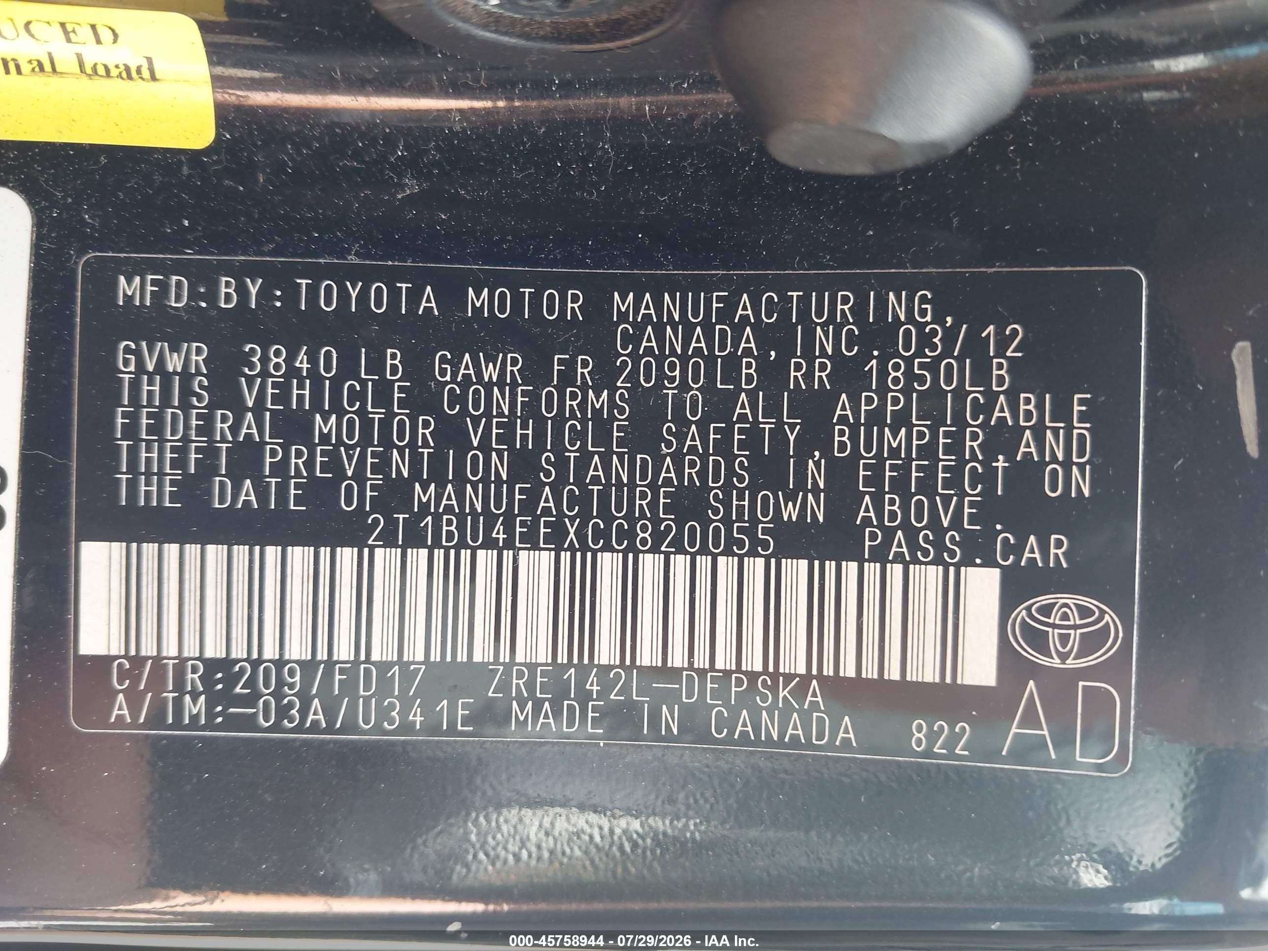 2012 Toyota Corolla S Black vin: 2T1BU4EEXCC820055