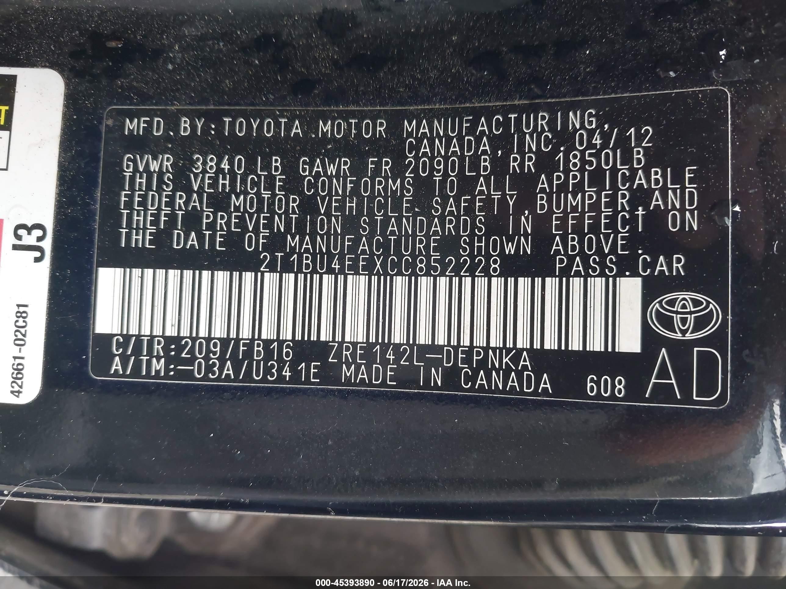 2012 Toyota Corolla Le Black vin: 2T1BU4EEXCC852228