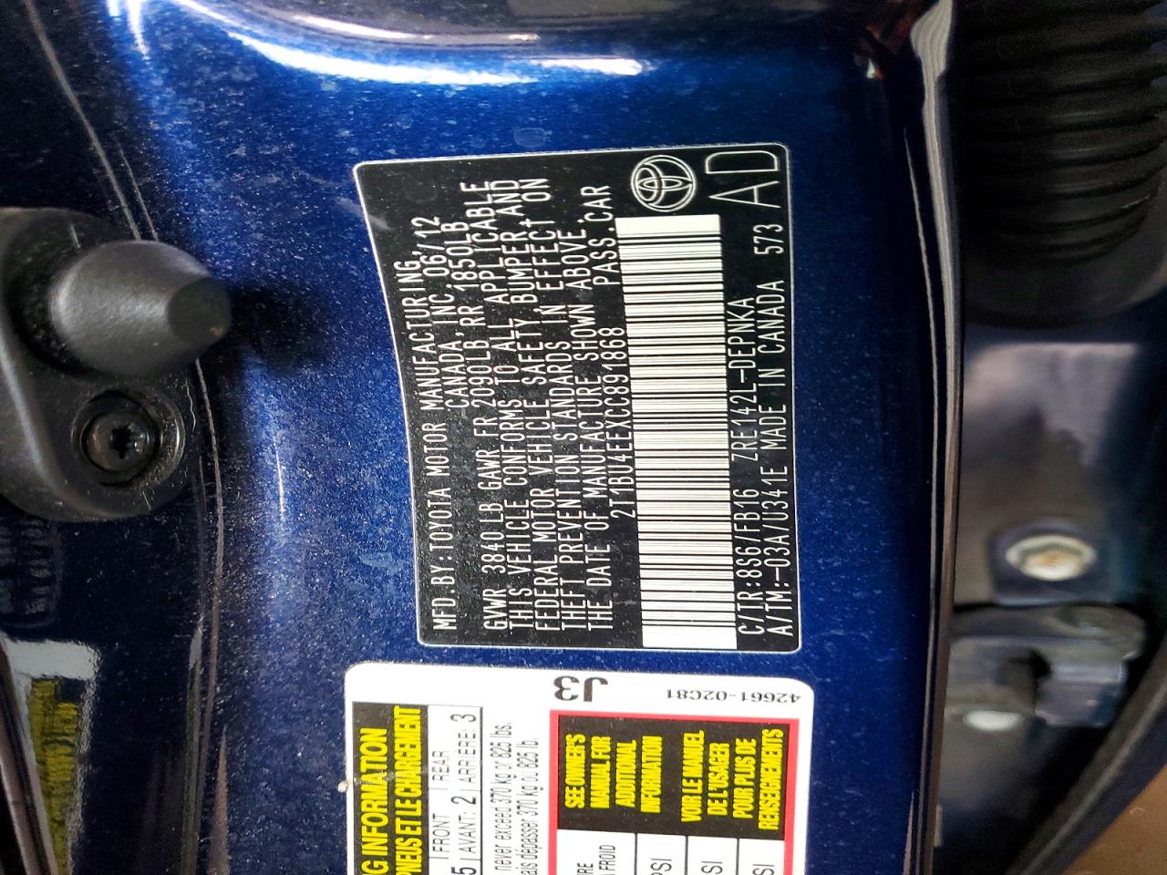2012 Toyota Corolla Le Blue vin: 2T1BU4EEXCC891868