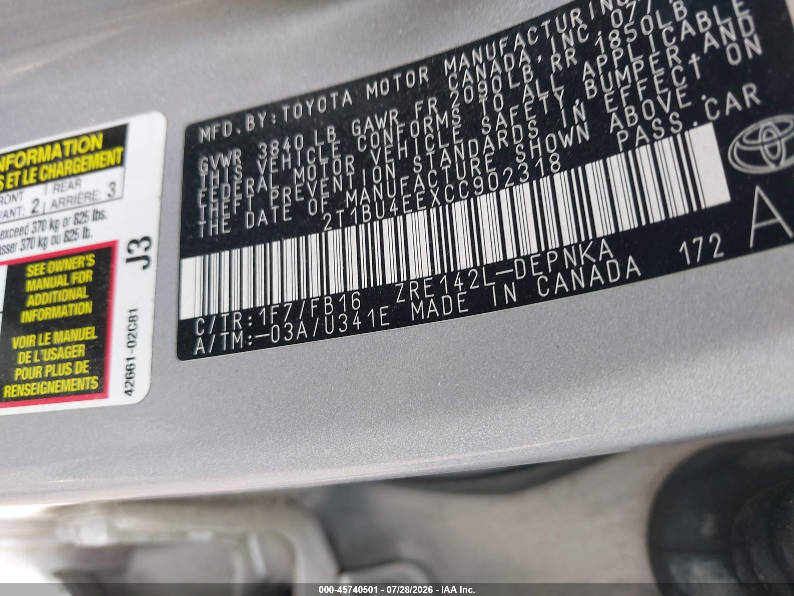2012 Toyota Corolla Le Silver vin: 2T1BU4EEXCC902318