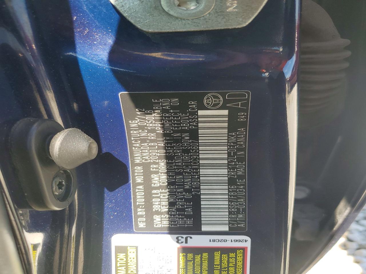 2012 Toyota Corolla Le Blue vin: 2T1BU4EEXCC905607