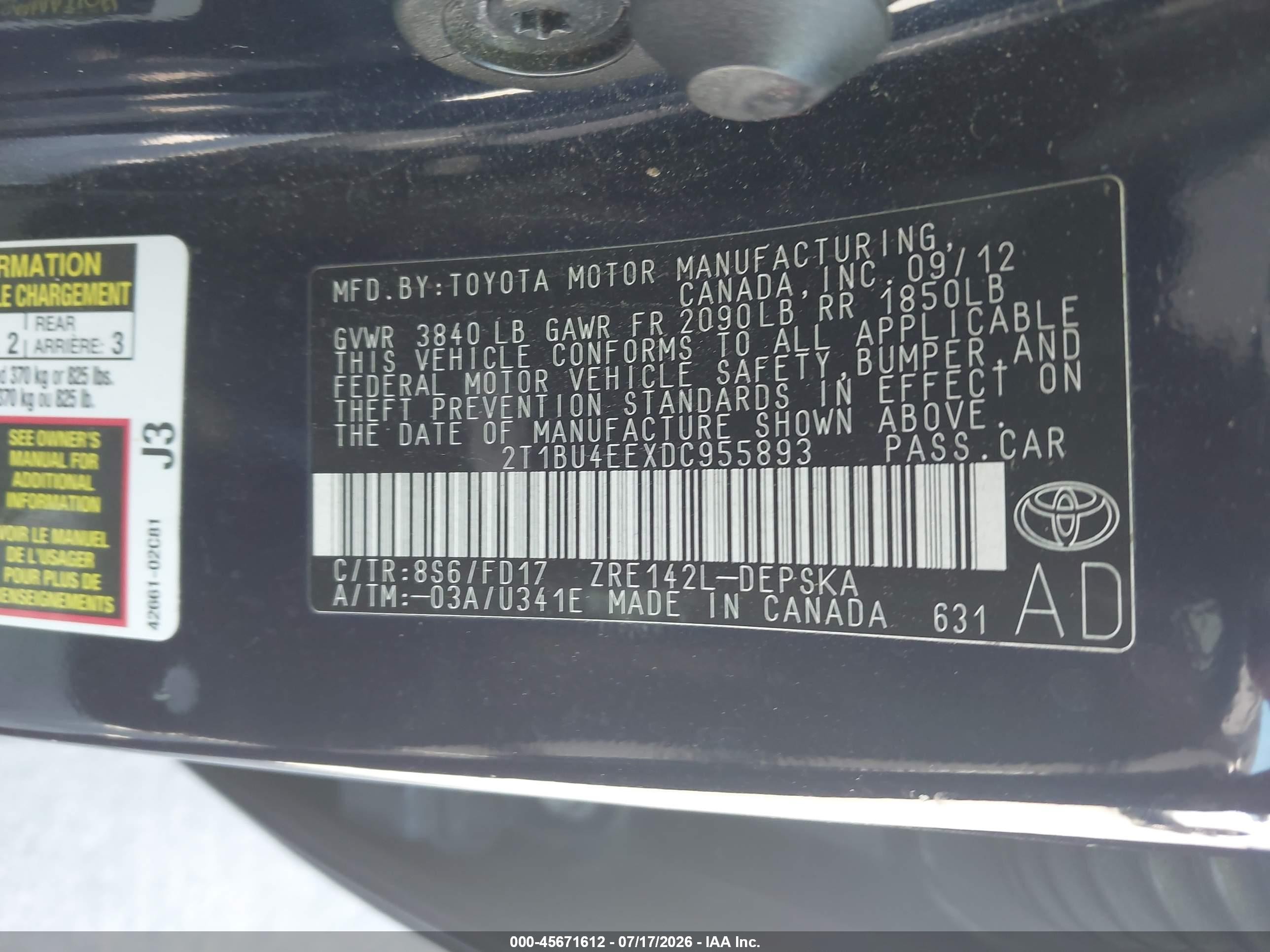 2013 Toyota Corolla S Blue vin: 2T1BU4EEXDC955893