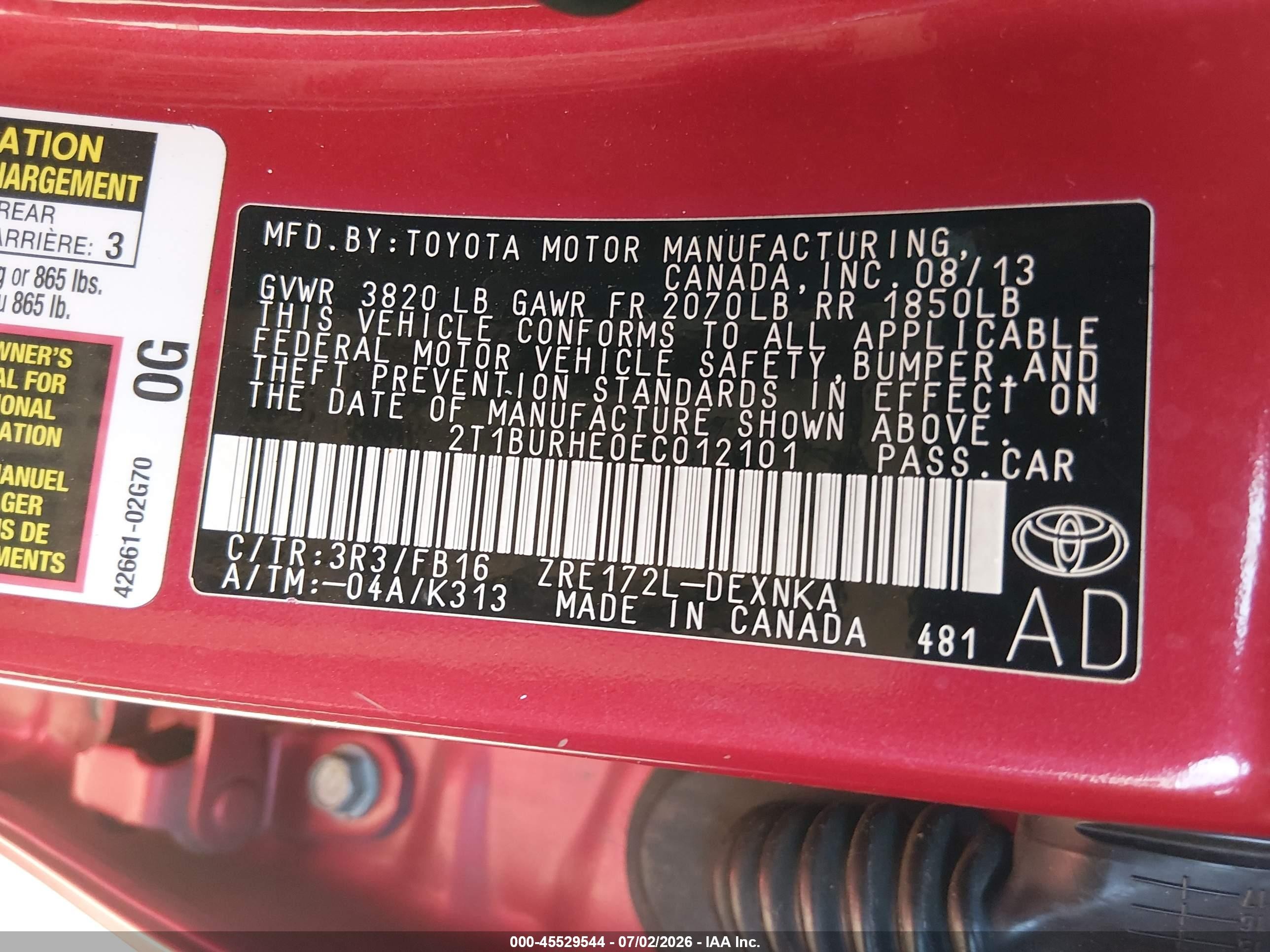 2014 Toyota Corolla Le Red vin: 2T1BURHE0EC012101