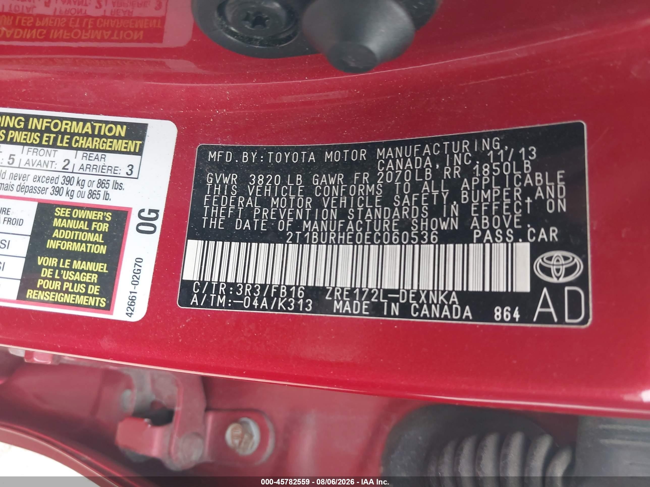 2014 Toyota Corolla Le Red vin: 2T1BURHE0EC060536