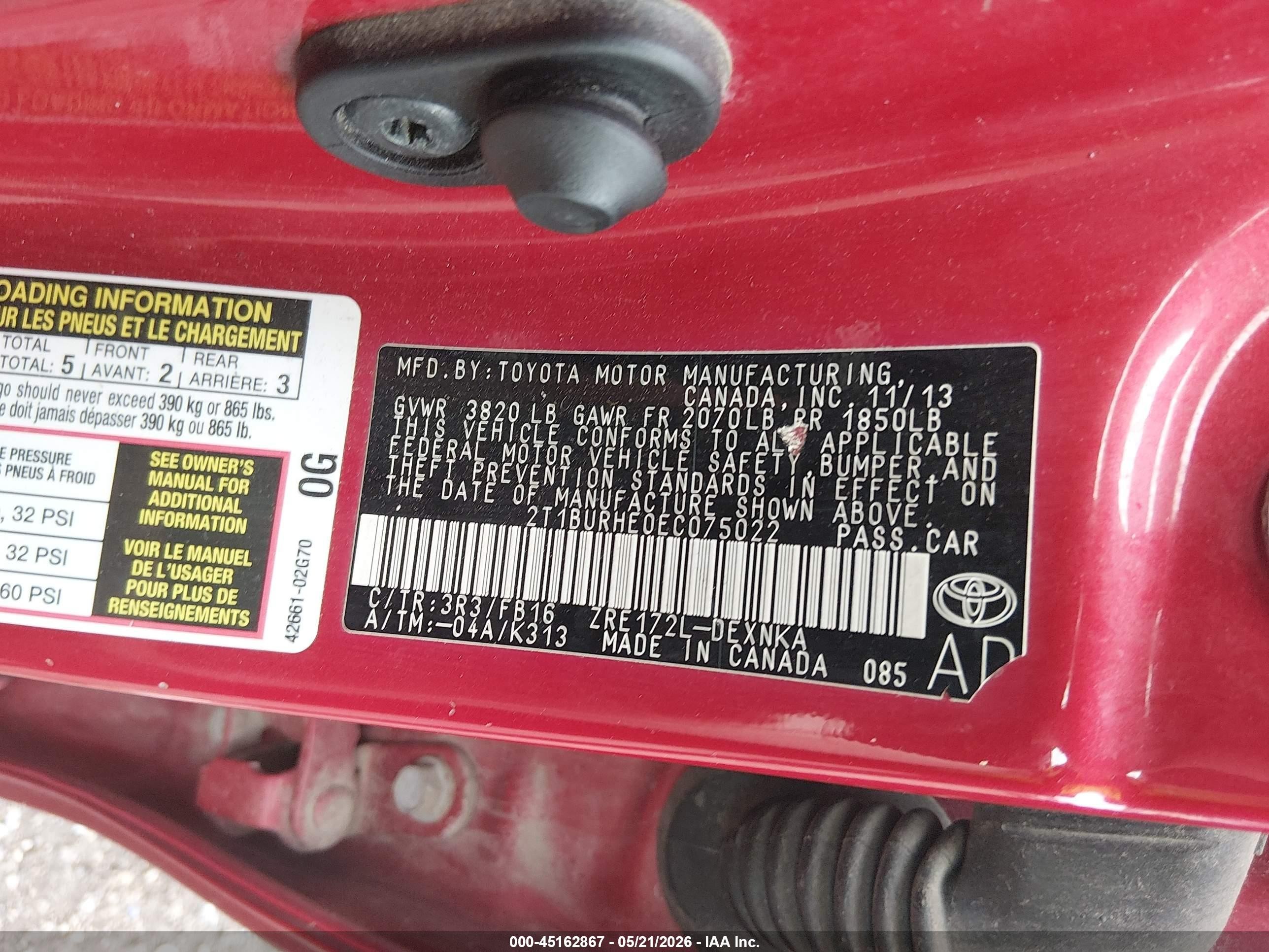 2014 Toyota Corolla Le Red vin: 2T1BURHE0EC075022