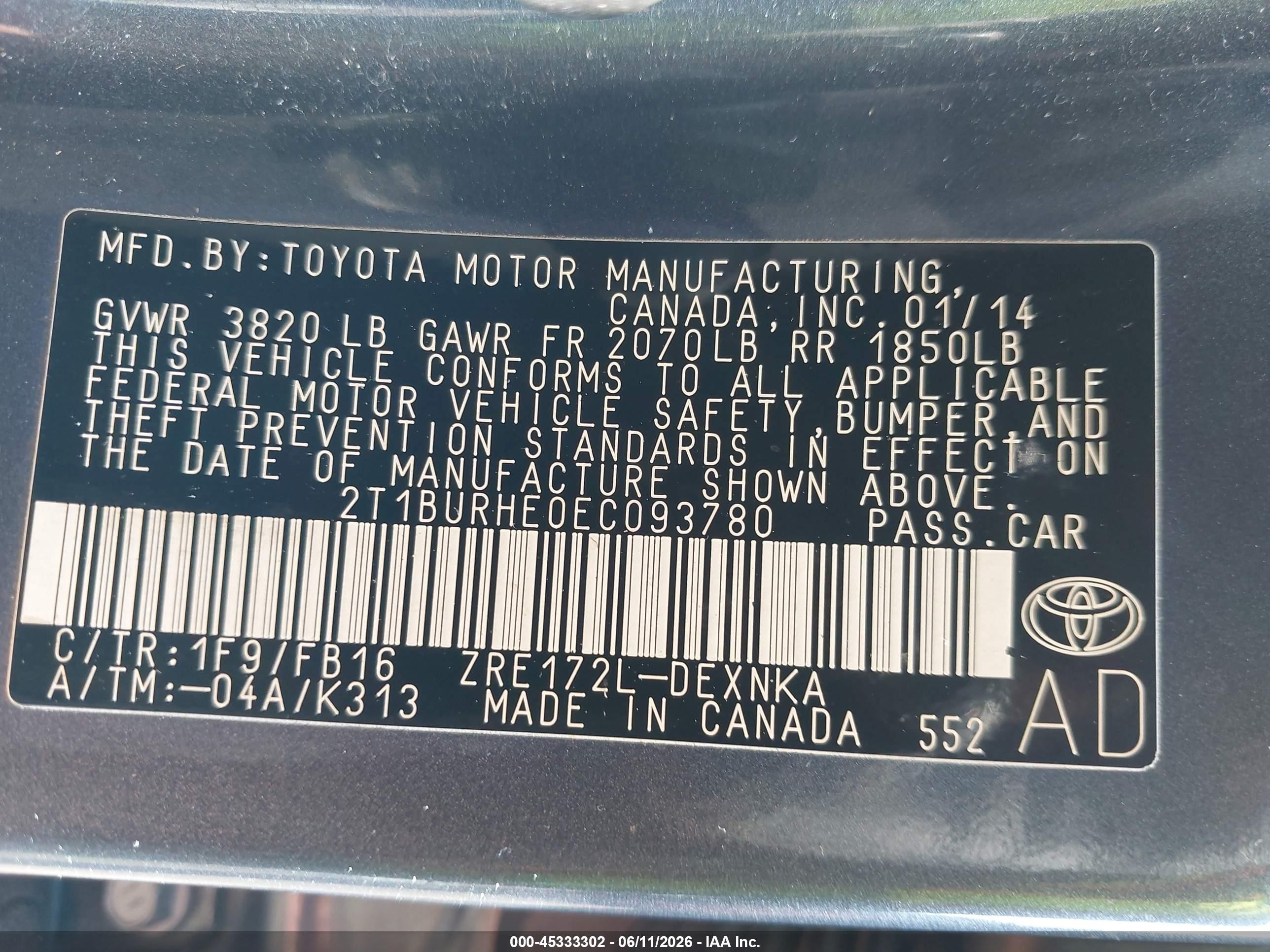 2014 Toyota Corolla Le Blue vin: 2T1BURHE0EC093780