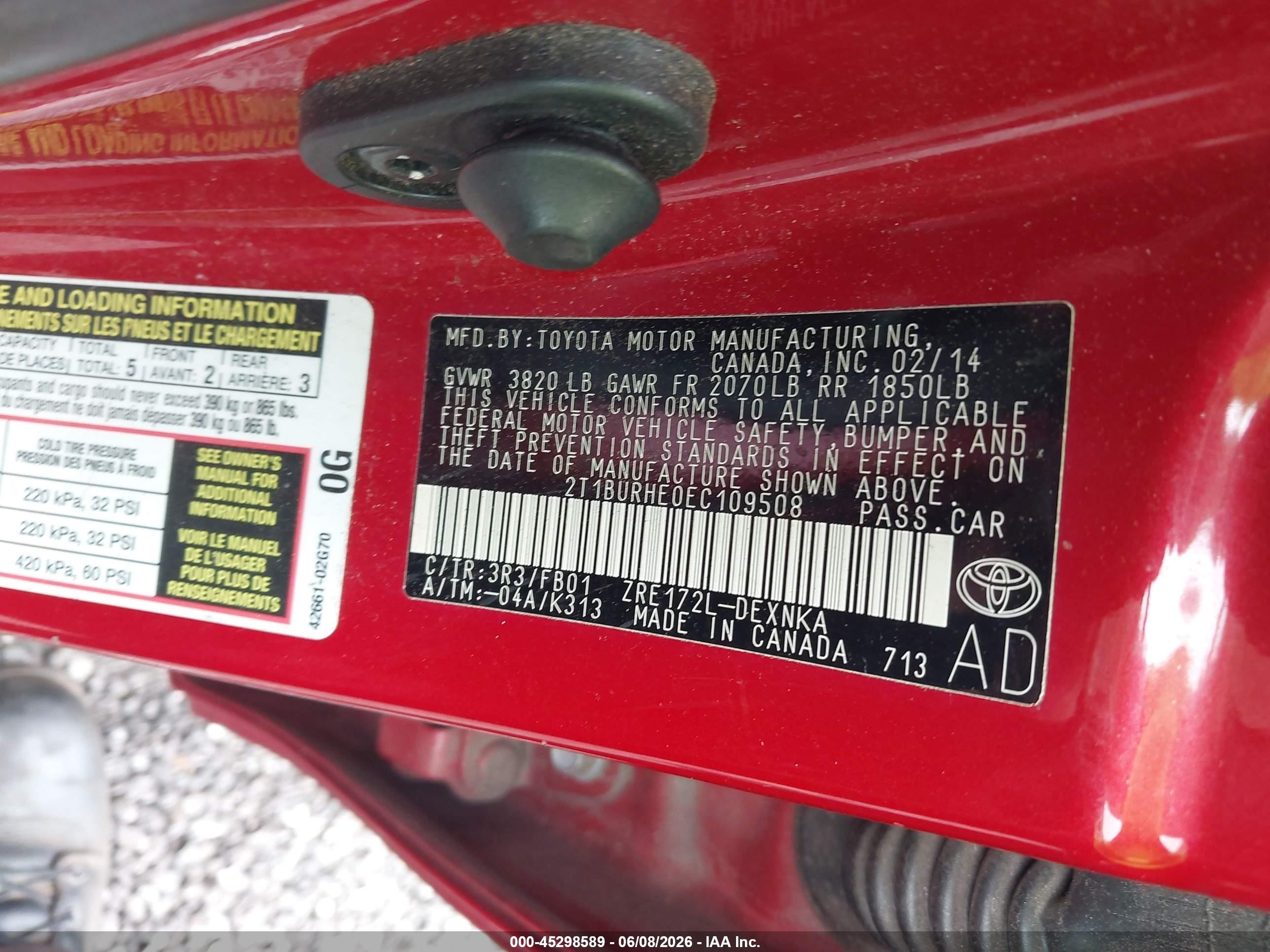 2014 Toyota Corolla Le Red vin: 2T1BURHE0EC109508