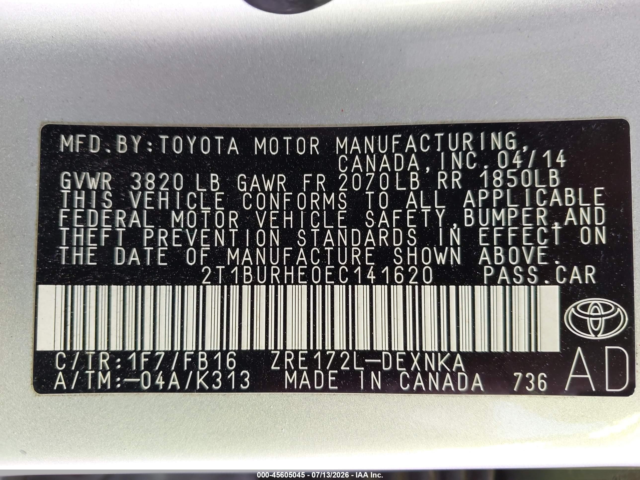 2014 Toyota Corolla Le Silver vin: 2T1BURHE0EC141620