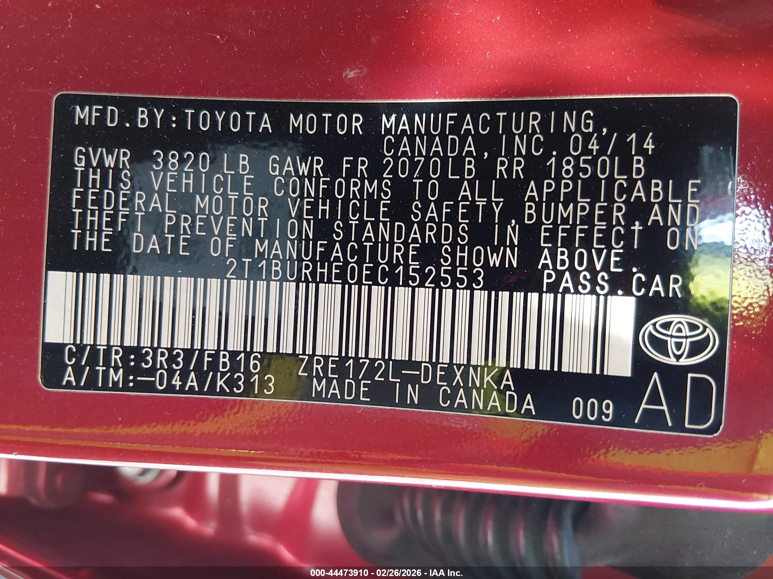 2014 Toyota Corolla Le Red vin: 2T1BURHE0EC152553